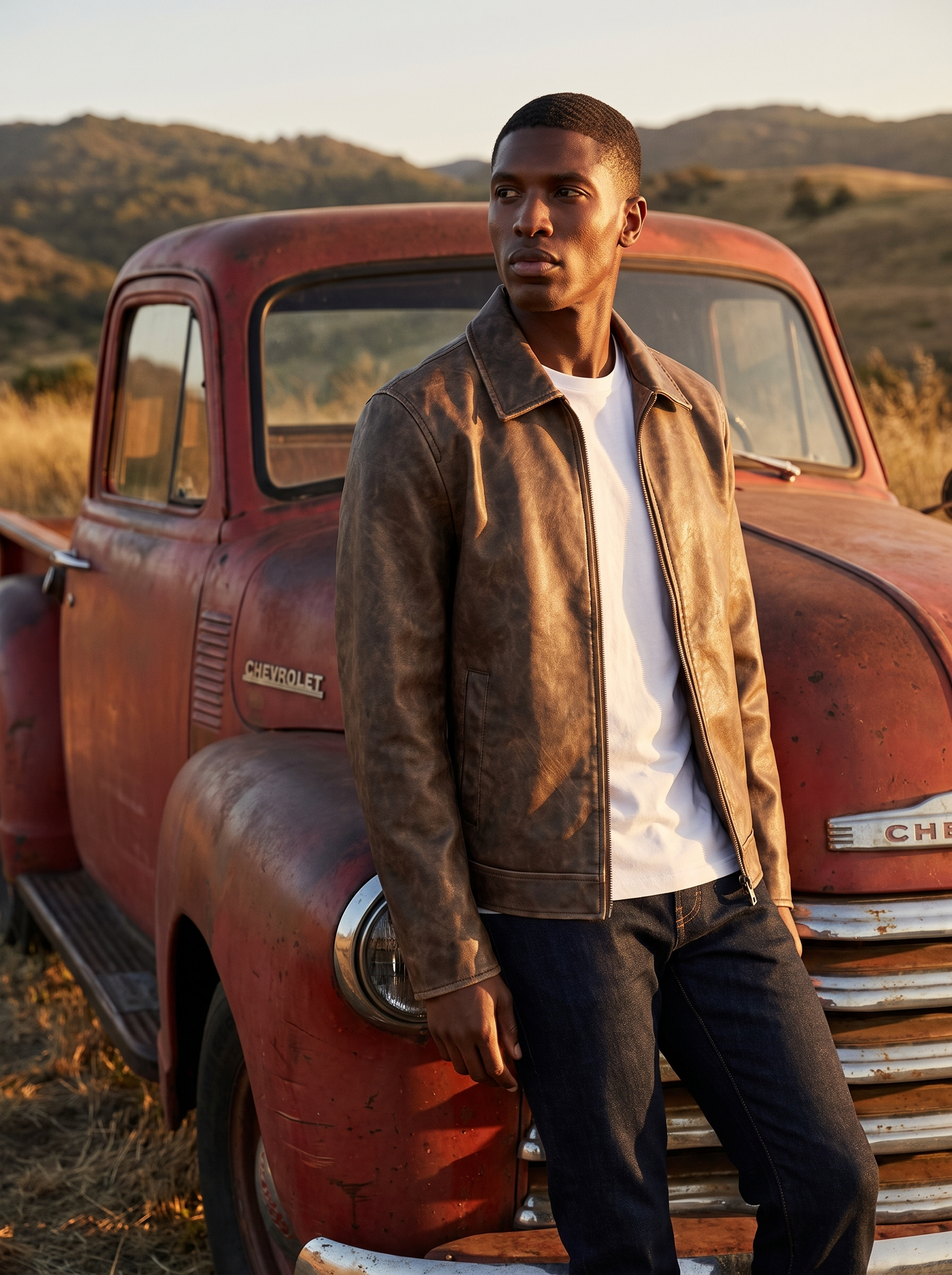 Vintage leather jacket worn at dusk by a pickup truck