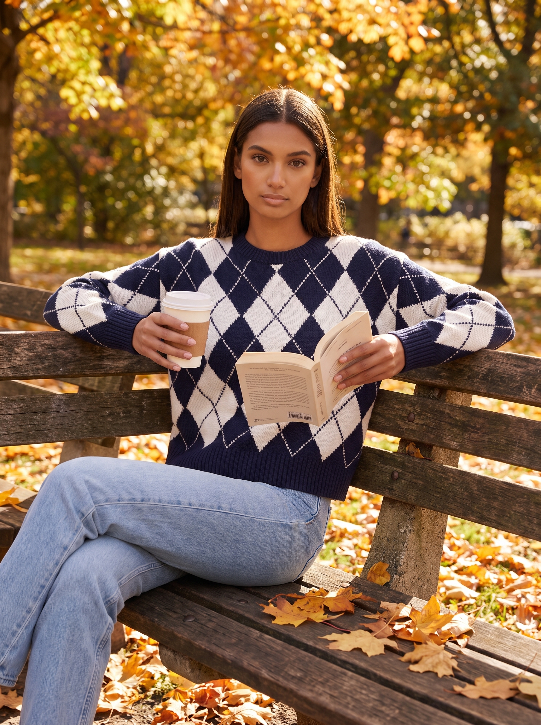 Argyle sweater worn on a park bench in autumn