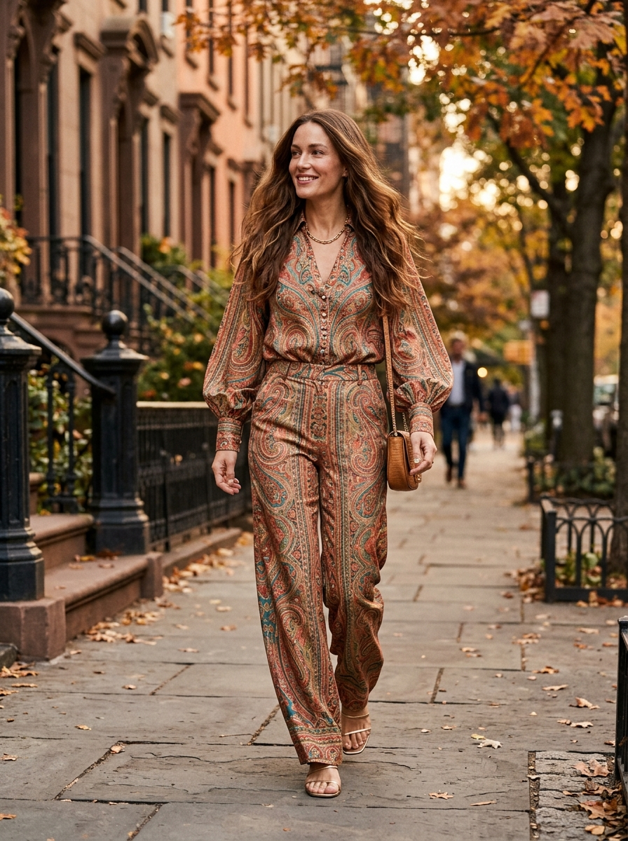 Paisley Print Wide-Leg Pantsuit on the street