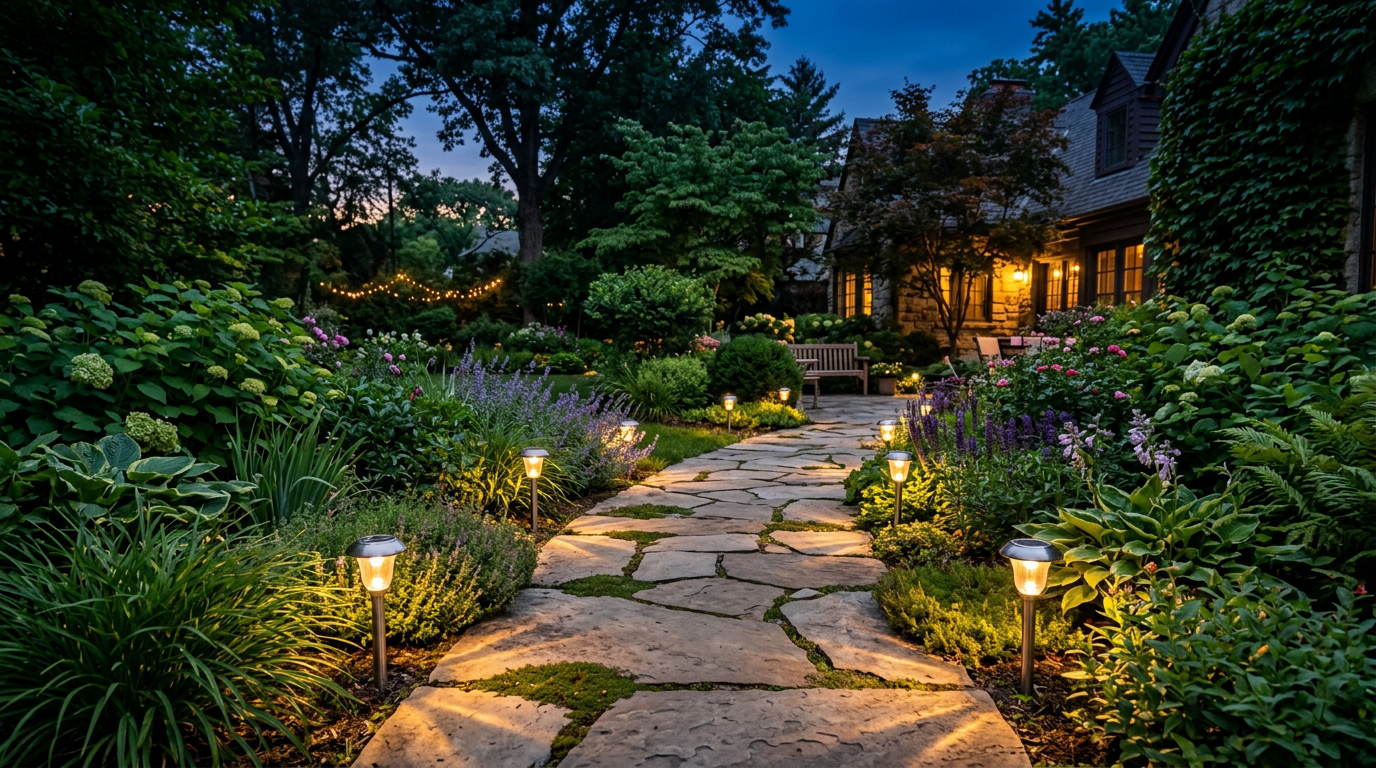 Solar path lights glowing along a flagstone garden walkway at dusk