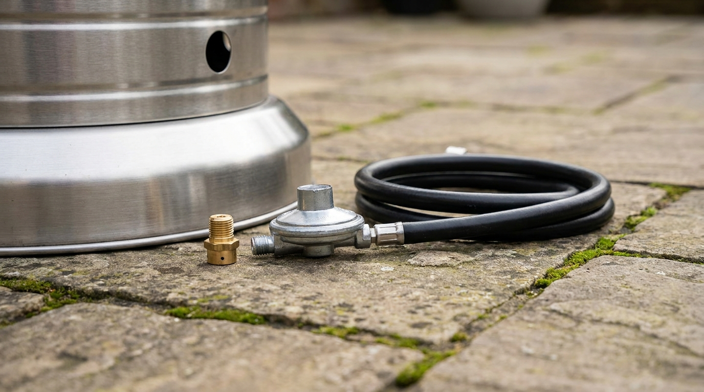 Natural gas conversion kit for a patio heater — brass orifice, pressure regulator, and gas hose beside a heater base