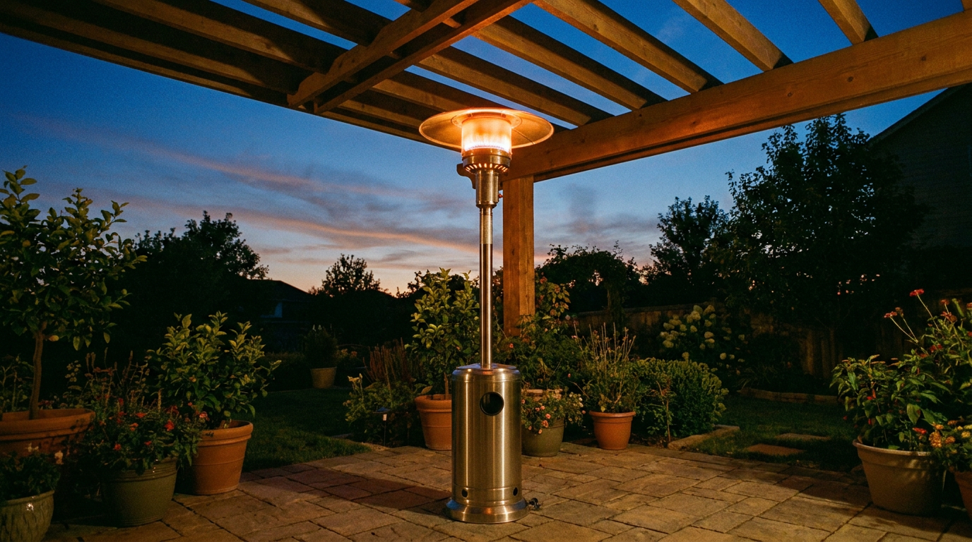 Stainless steel patio heater under a wooden pergola showing overhead clearance at dusk