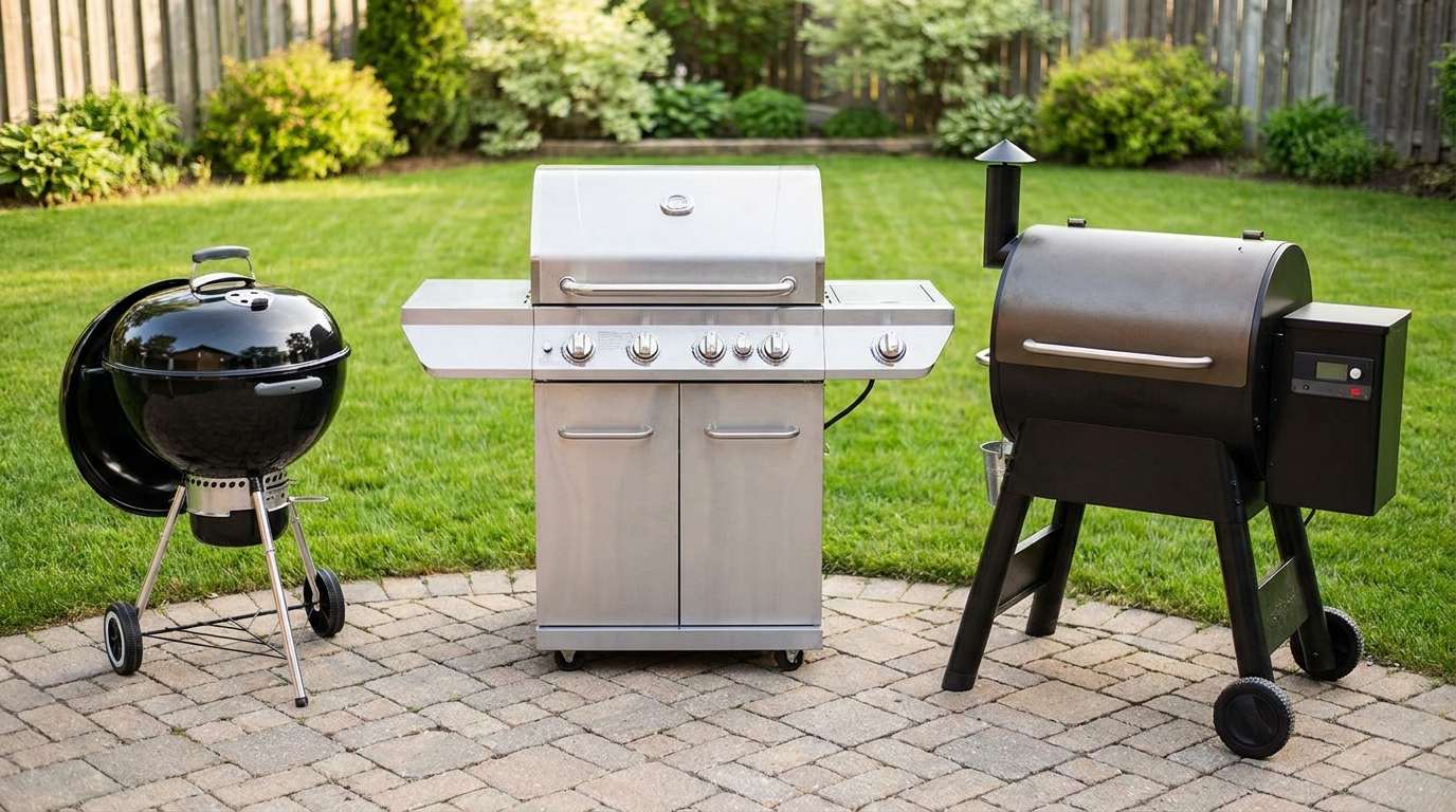 Charcoal kettle grill, gas grill, and pellet grill lined up side by side on a patio