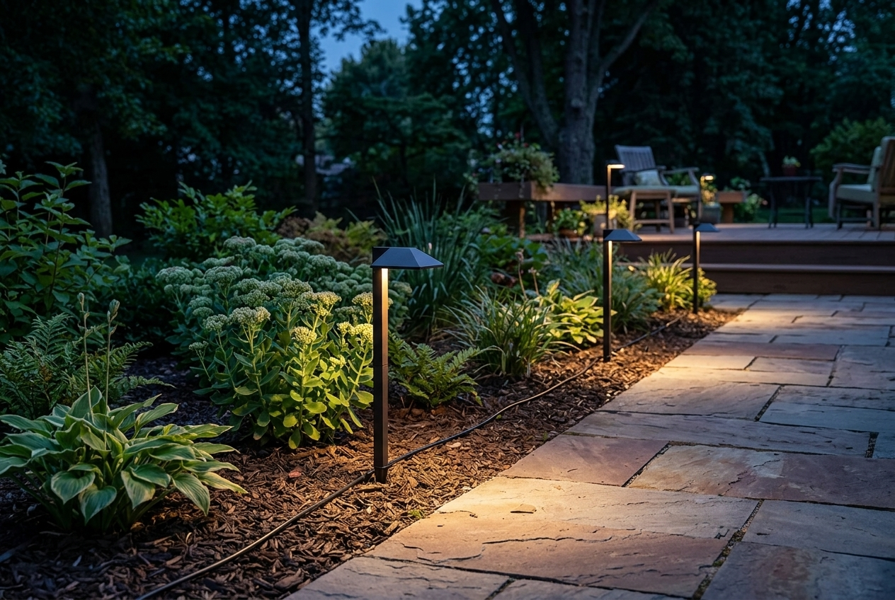 Wired low-voltage landscape path lights lighting a garden walkway at dusk