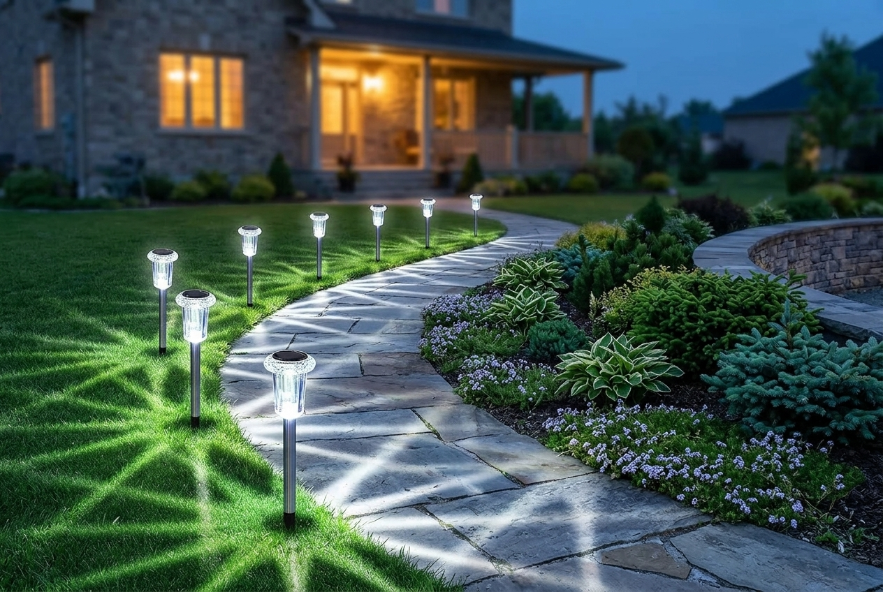 Eyrosa stainless steel solar stake lights lining a garden path with cool white glow