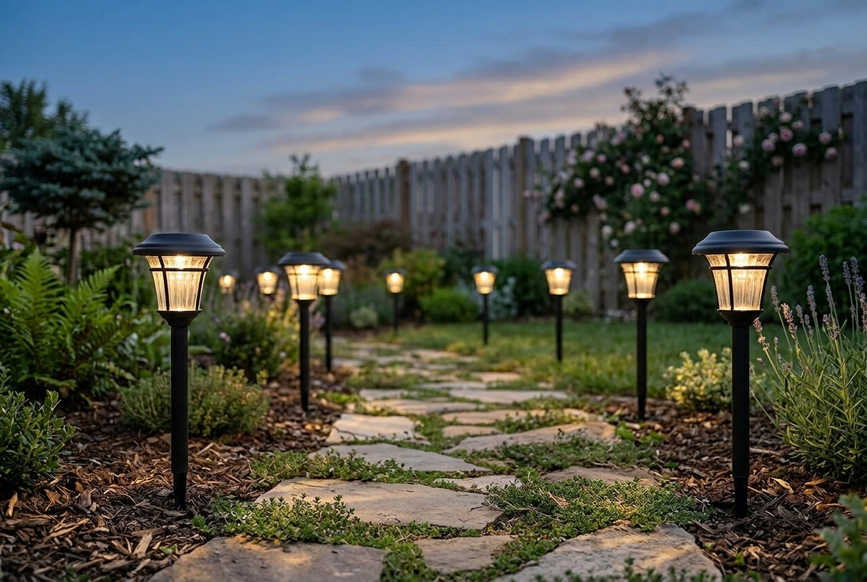 Maggift black solar pathway lights staked along a backyard walkway at dusk