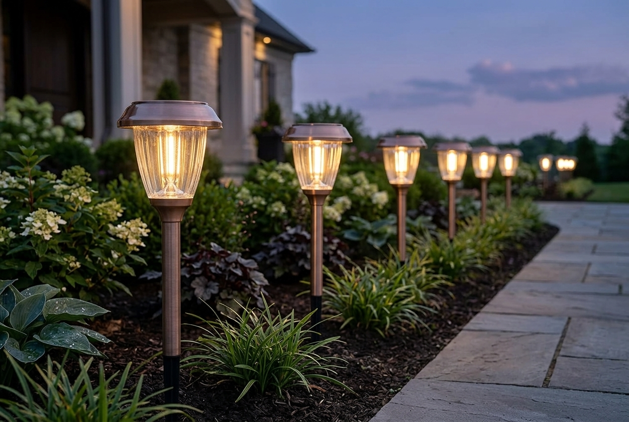 XMCOSY+ copper-and-glass solar pathway lights lining a manicured garden bed at dusk