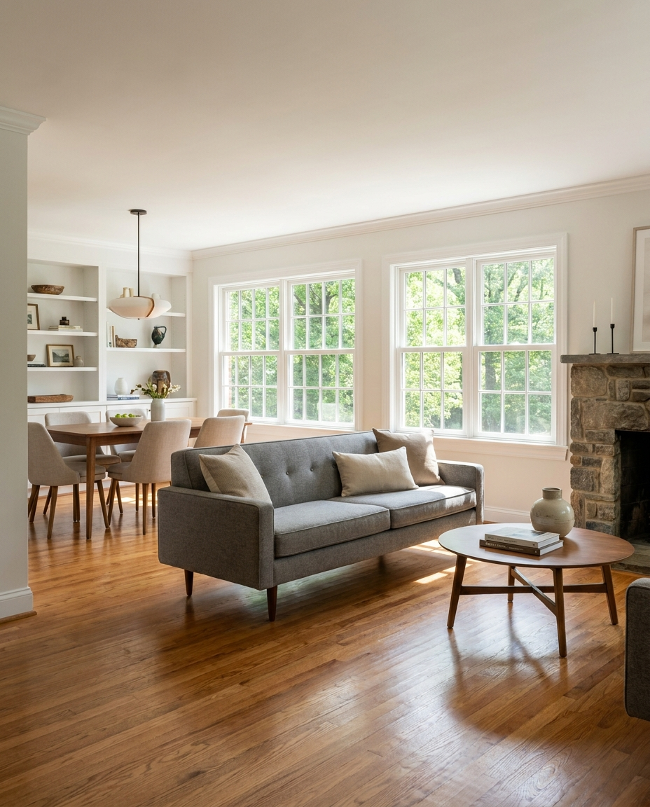 Refinished hardwood flooring in a renovated Vienna, VA home