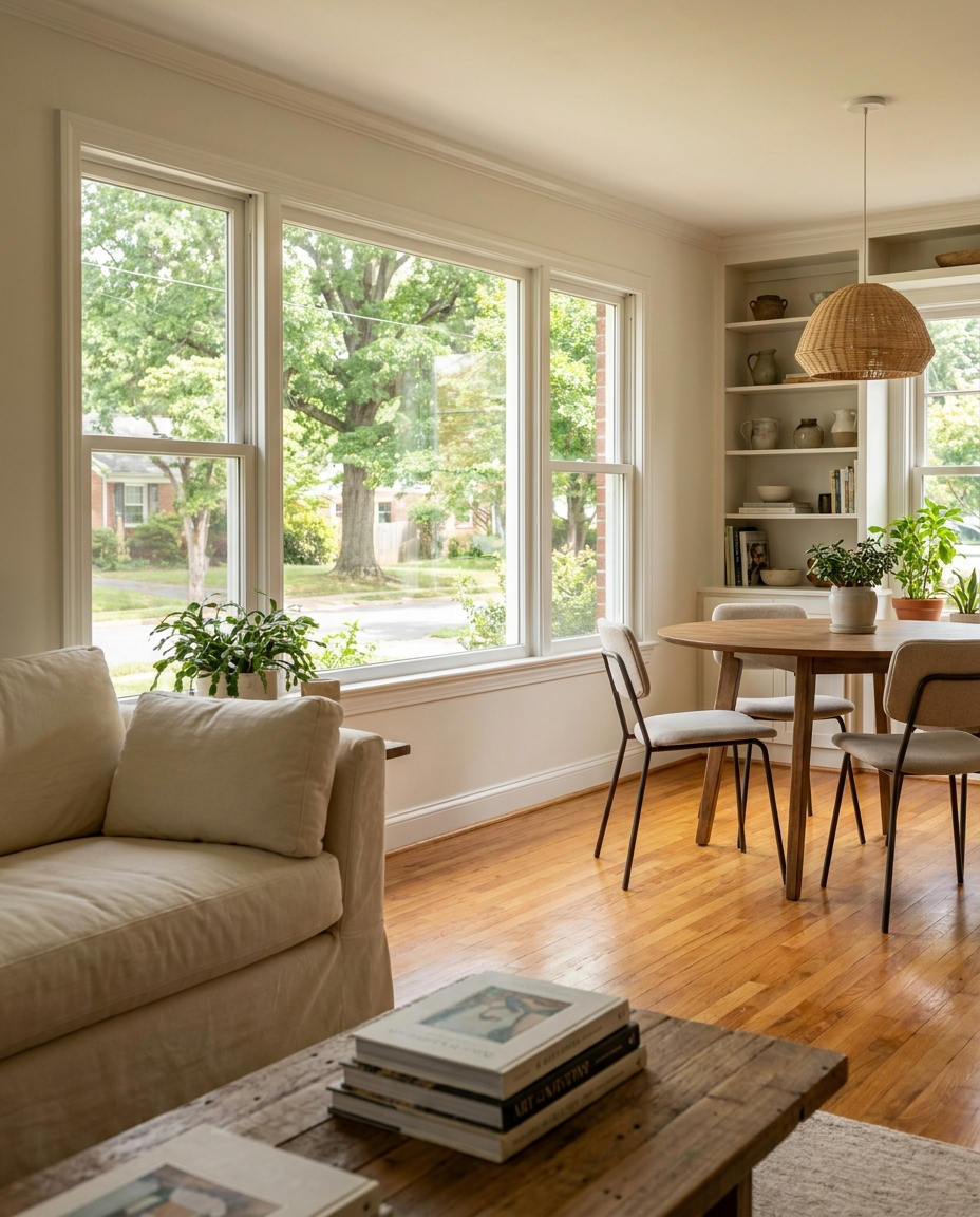 Warm refinished hardwood flooring in a Falls Church, VA home