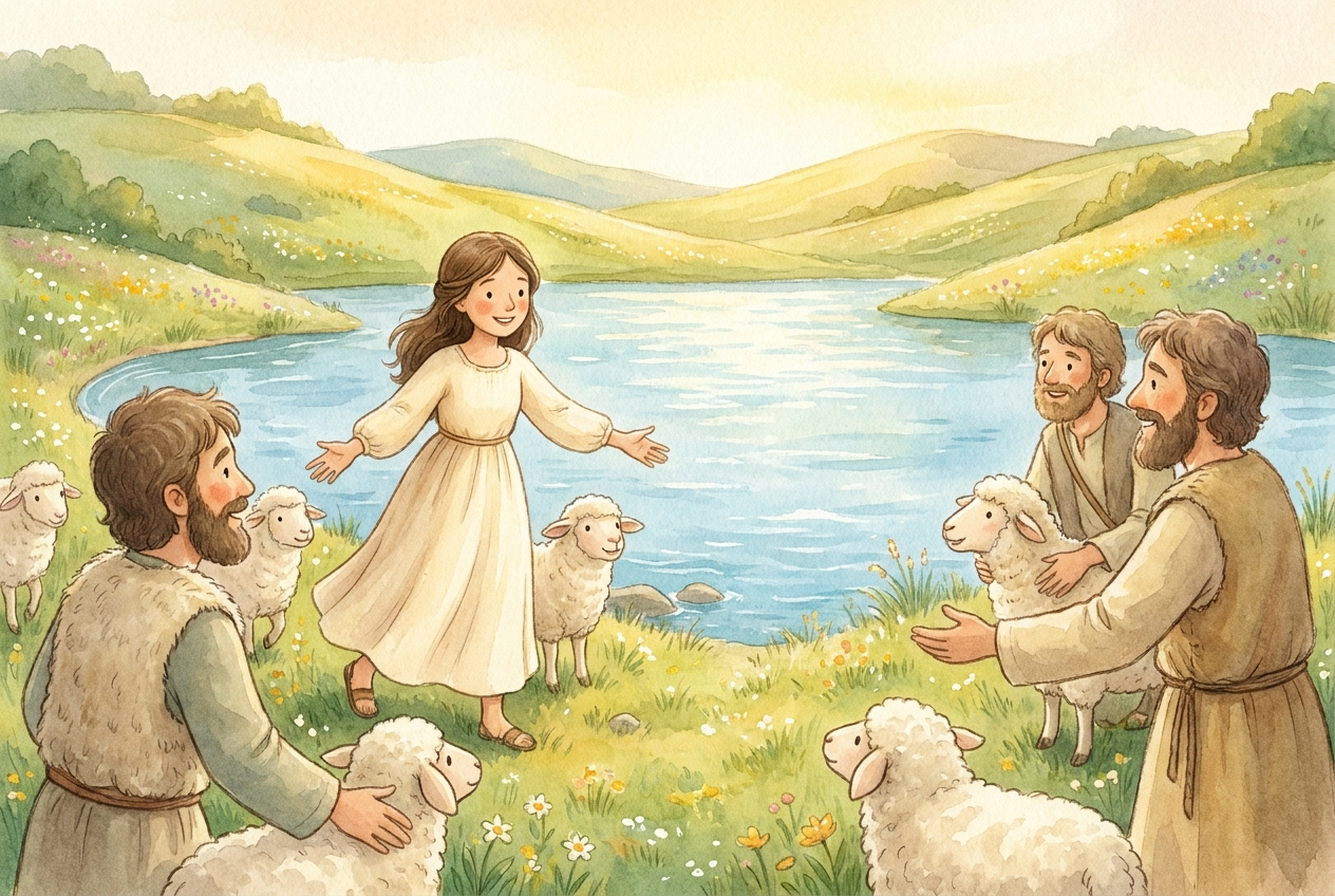 Shepherds by a blue lake were the first people of Georgia to welcome her.