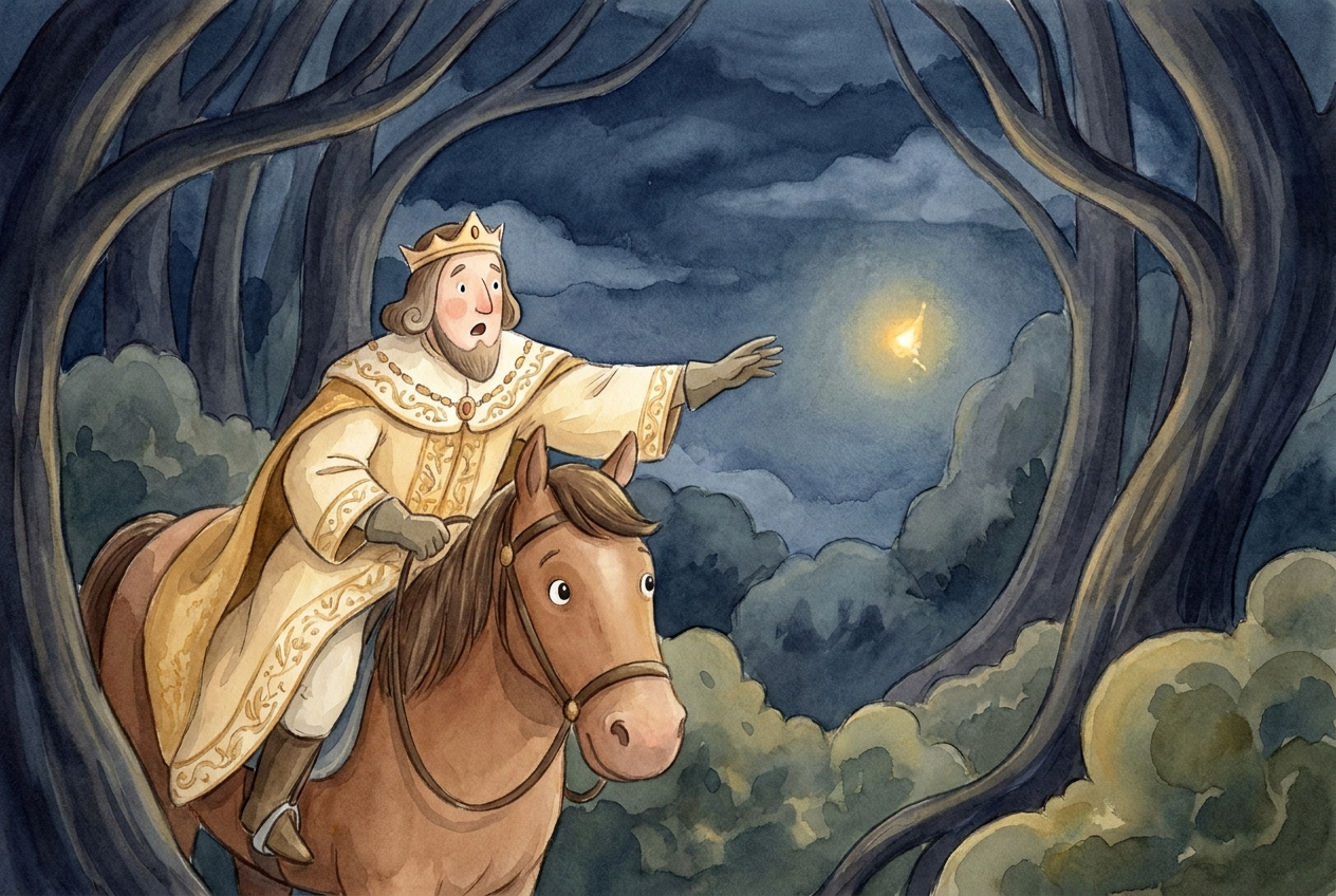 Alone in the dark forest, the king grew very afraid.