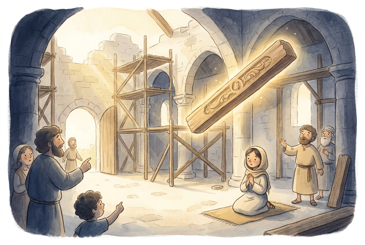 Nina prayed all night, and the great pillar rose into place, shining with light.