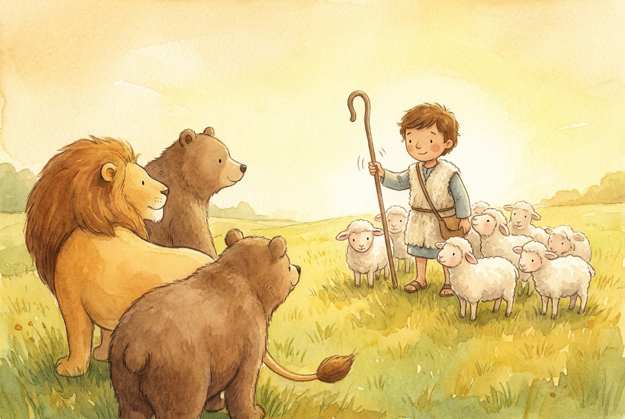 With God's help, brave David kept his sheep safe from lions and bears.