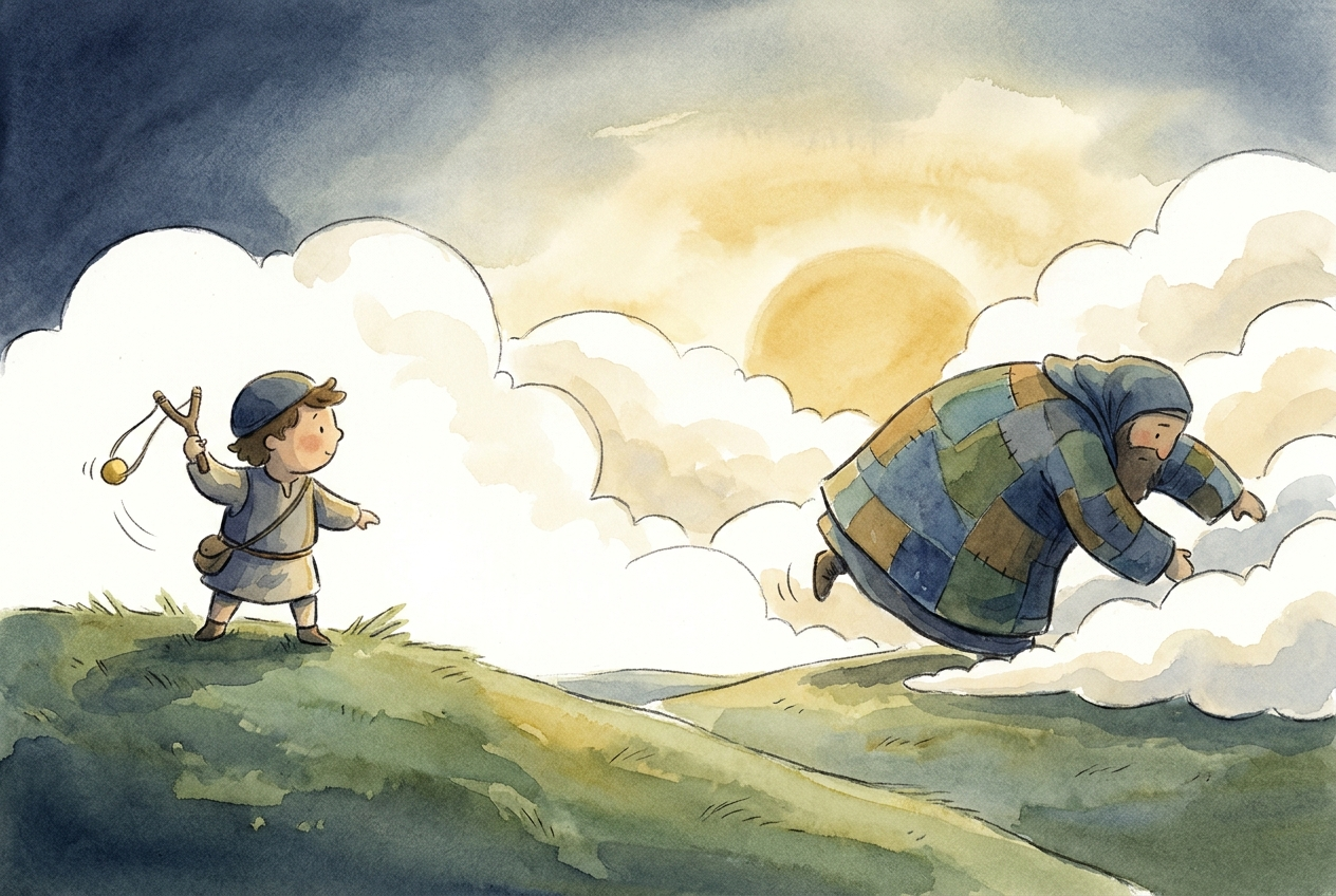 The little stone flew straight and true, and the mighty giant fell.