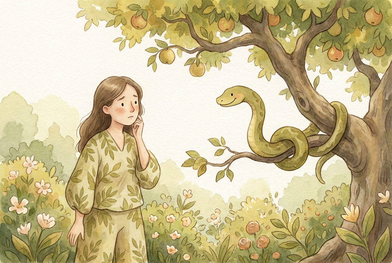 The crafty serpent told a lie, and Eve ate the fruit God had asked them not to eat.