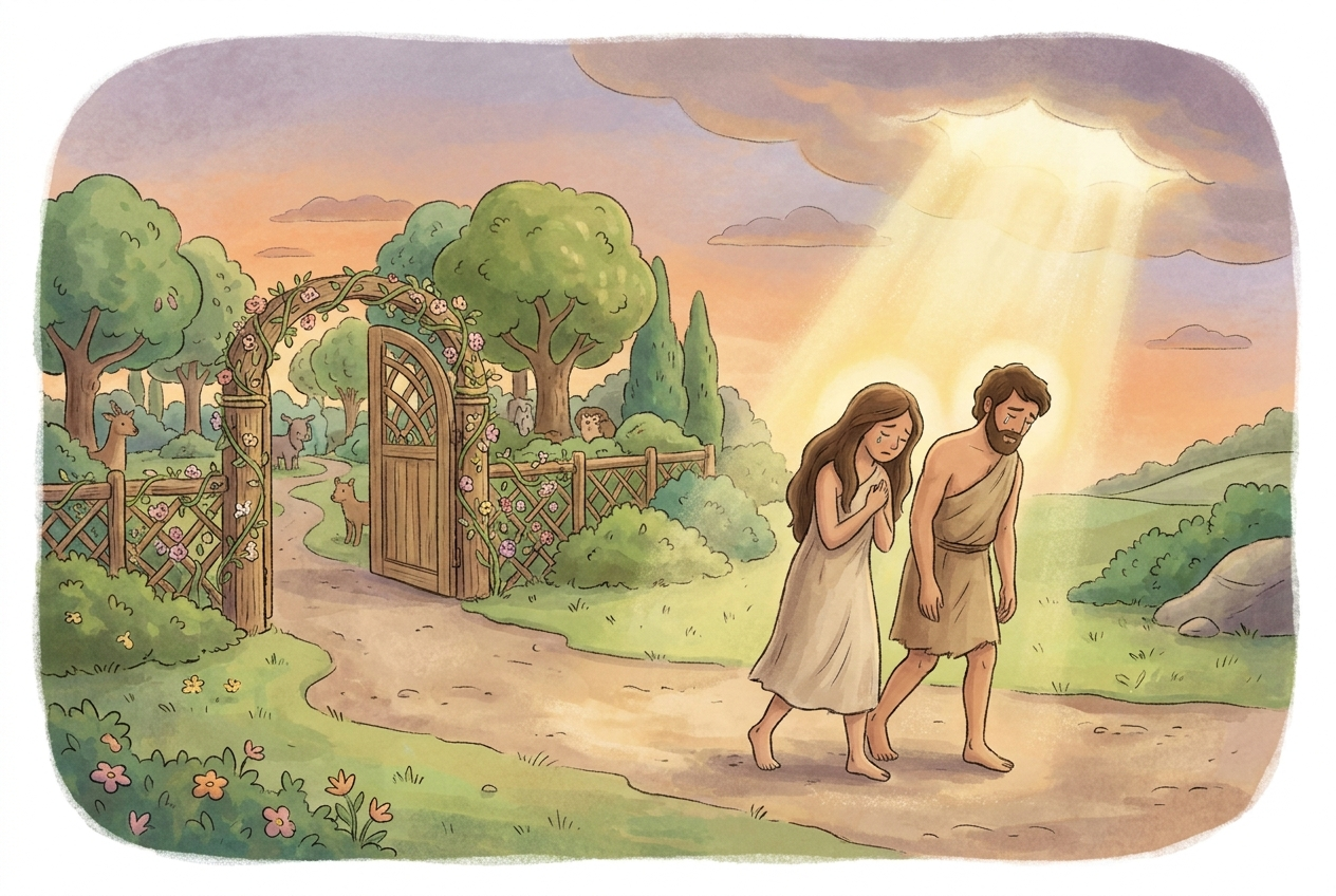 With sorrow they left the garden — but God still loved them and promised a Saviour.