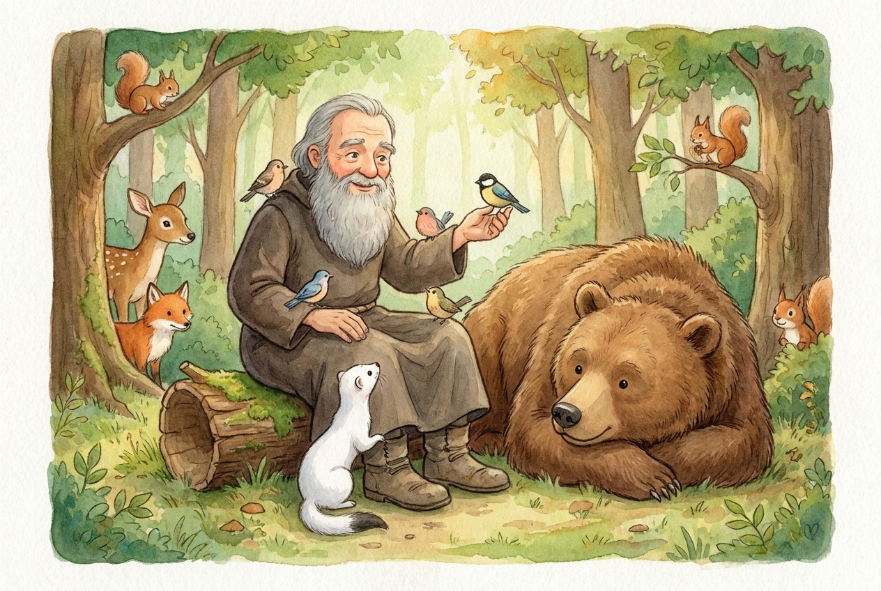 Even the wild animals were not afraid of the kind old monk.