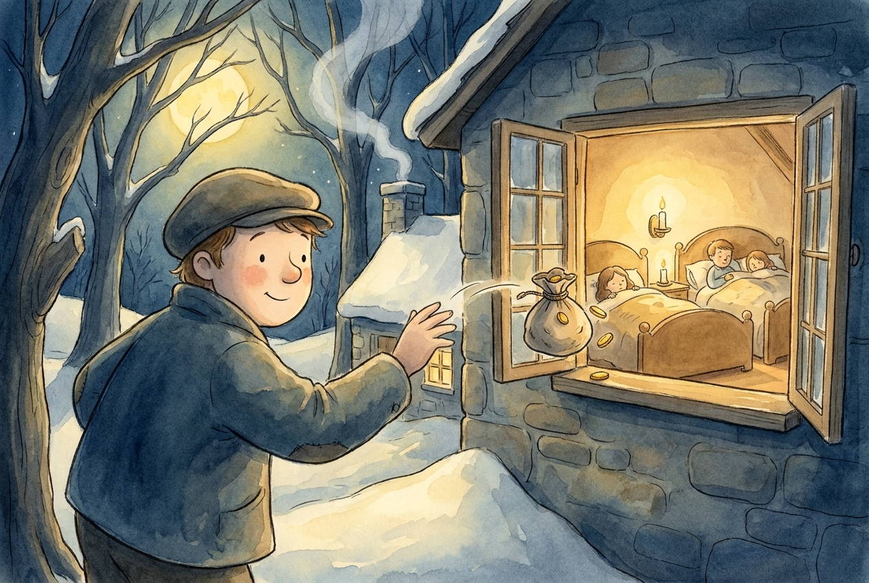 One dark night, Nicholas secretly tossed a bag of gold through the window.