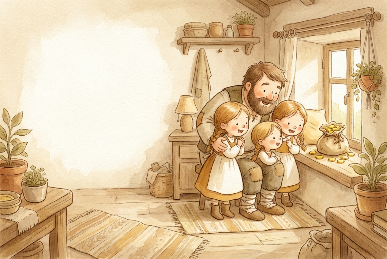 In the morning the poor family found the gold and rejoiced.