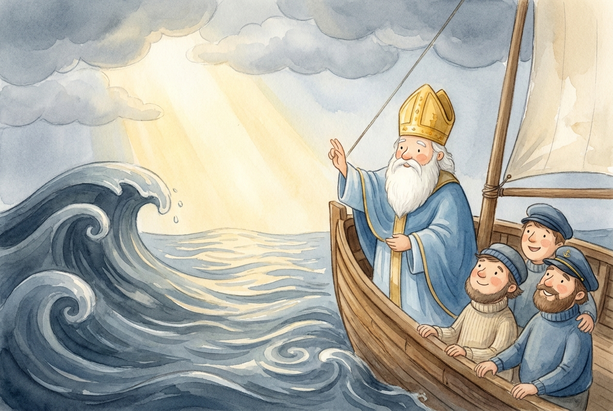 Saint Nicholas calmed the storm and brought the sailors safely home.