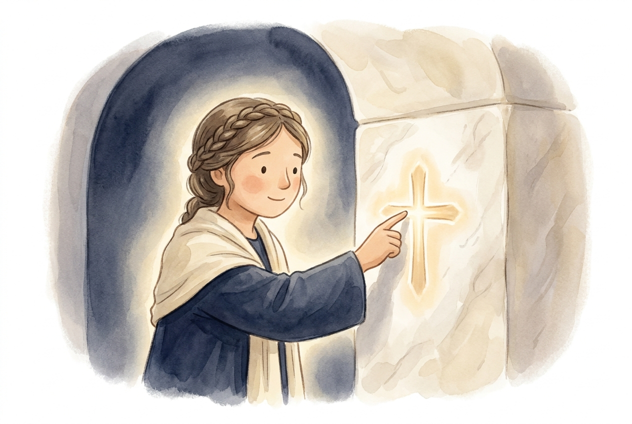 She traced a cross on the wall, and it was carved deep into the stone.