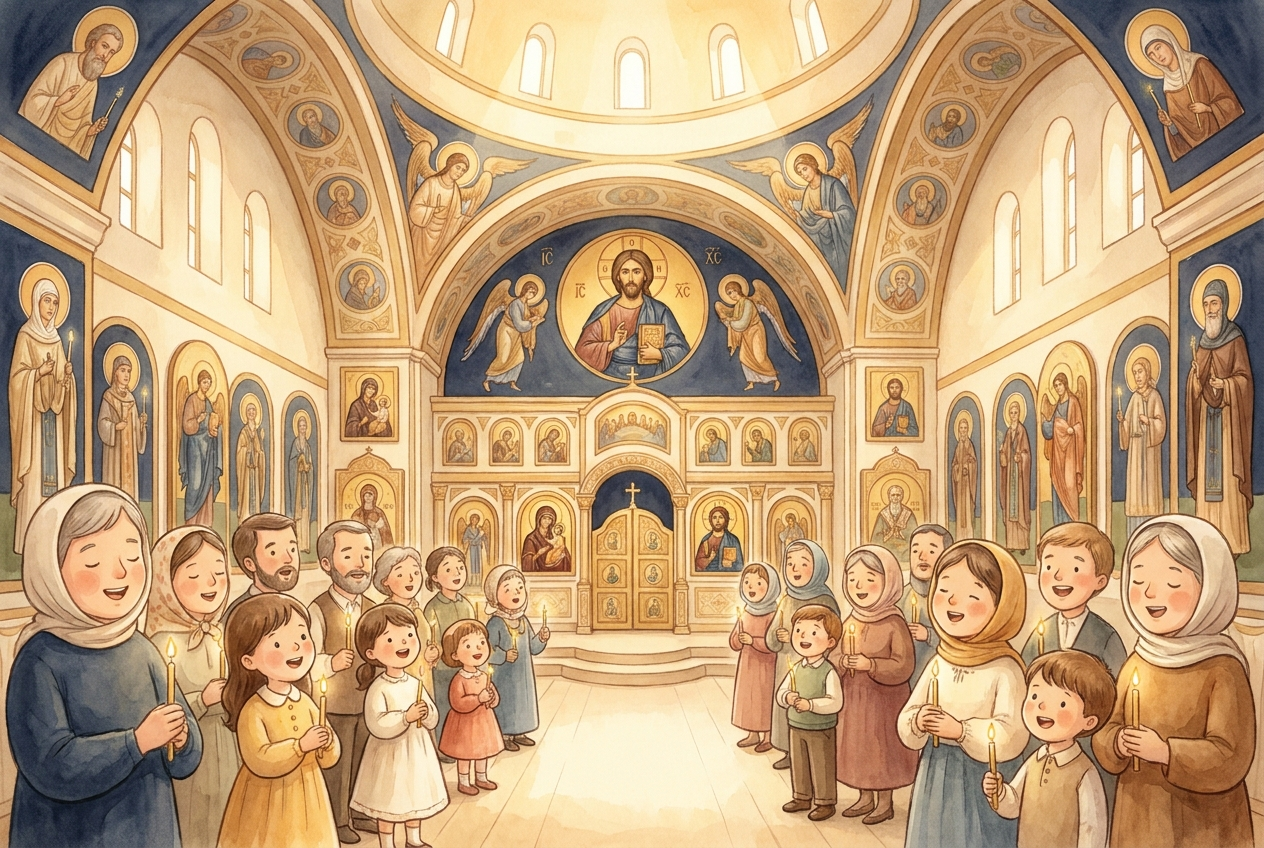 In the nave, the people stand and sing, surrounded by holy icons.