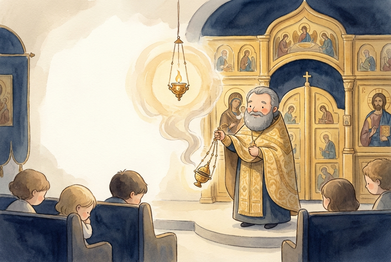 The priest prays before the altar, and sweet incense rises like our prayers.
