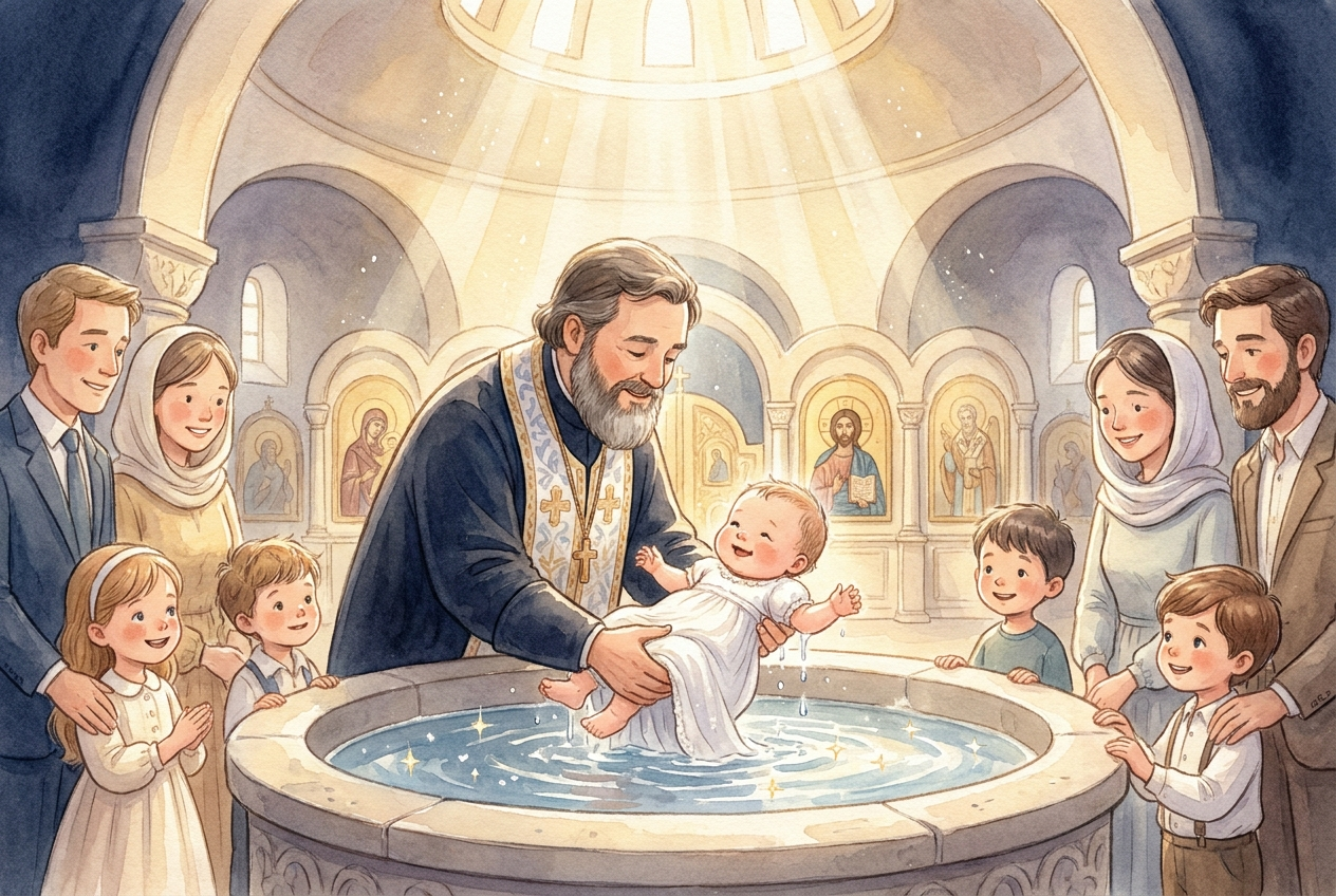 Three times in the water — in the name of the Father, the Son, and the Holy Spirit.