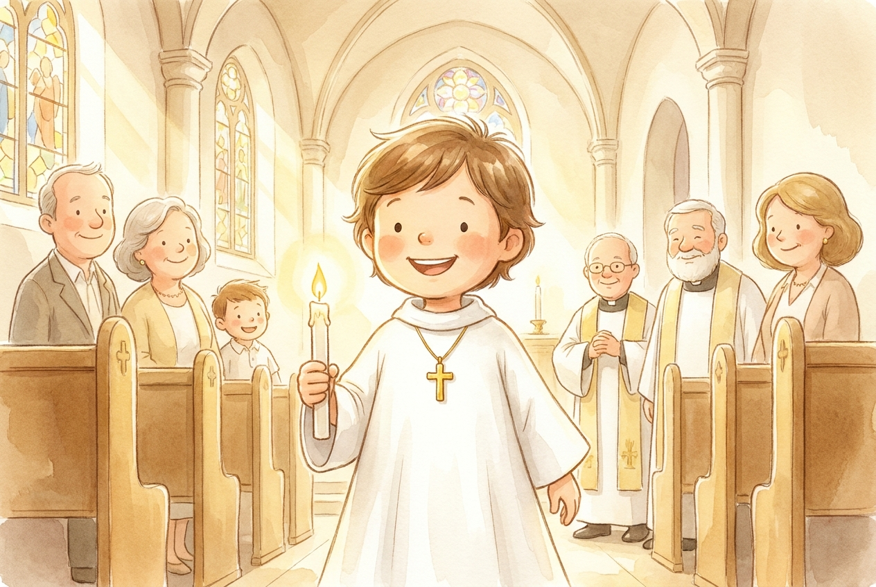 Dressed in a white robe, sealed with the Holy Spirit, a child of the light.