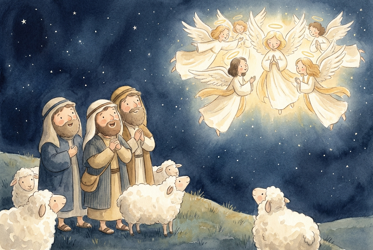 Angels filled the sky, telling the shepherds the good news of great joy.