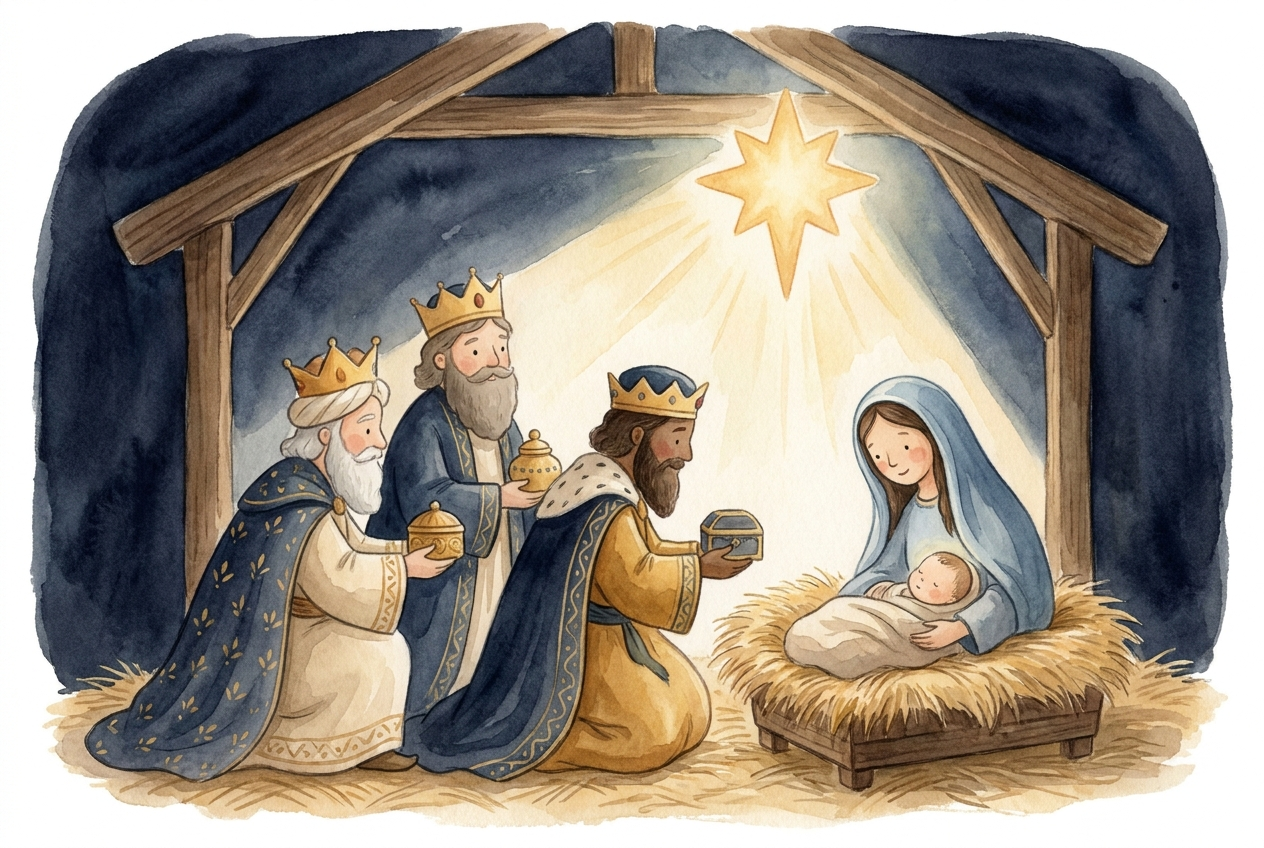 Wise men followed a bright star and brought the King precious gifts.