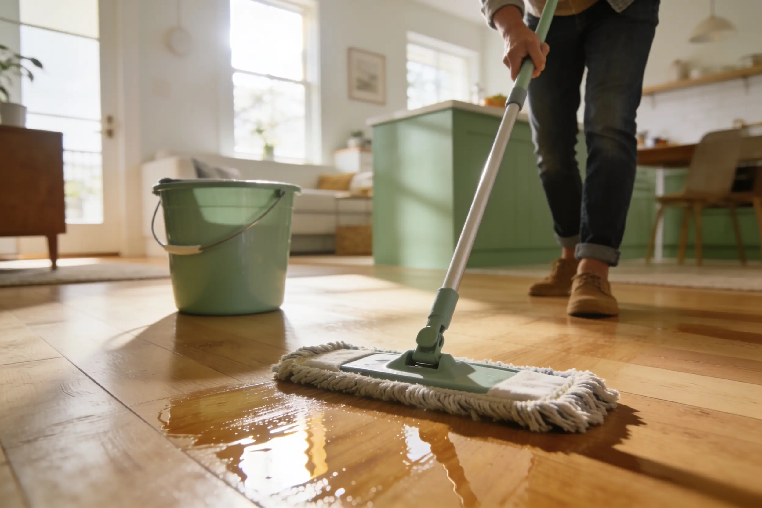 Mopping a hardwood floor to a gentle shine.
