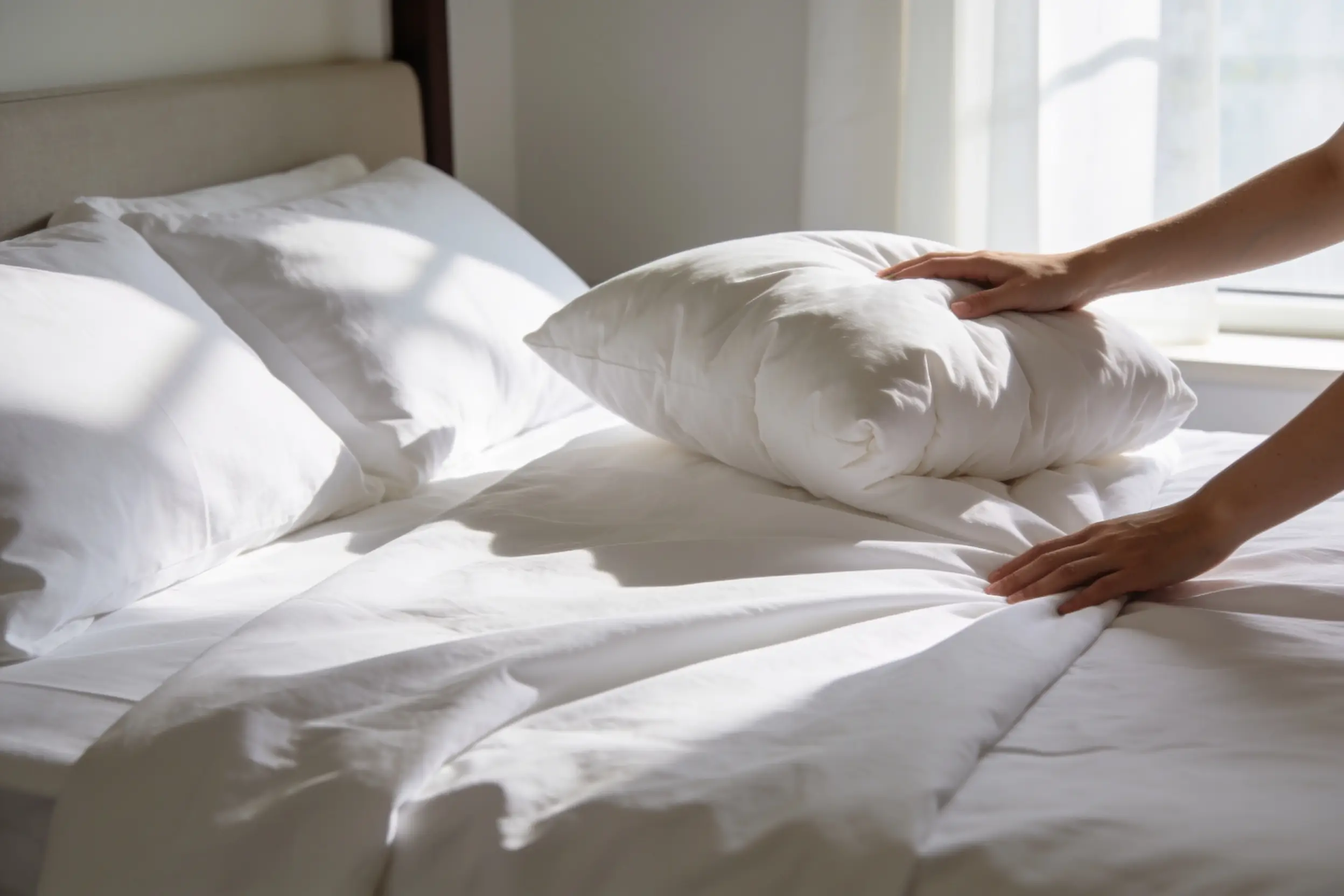 Smoothing crisp white linens on a freshly made bed.
