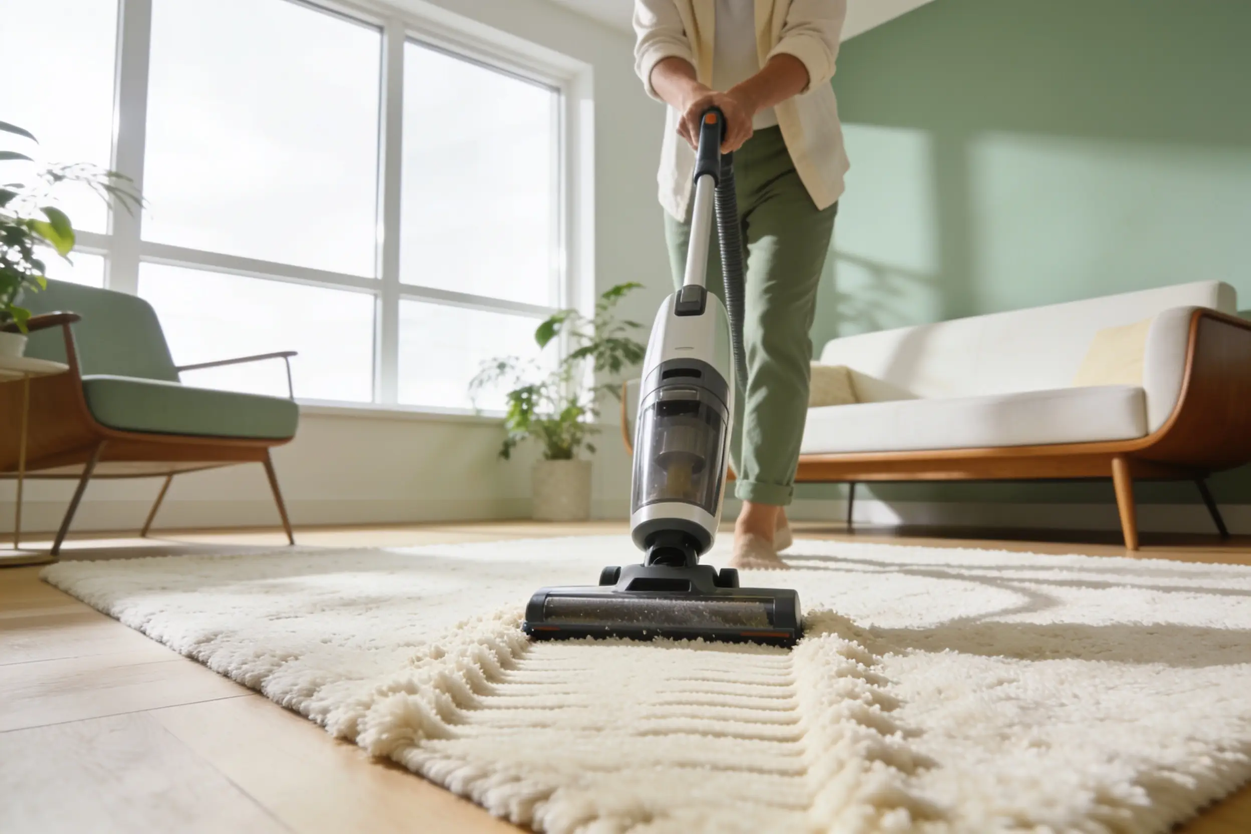 Vacuuming a plush cream rug in a sunlit living room.