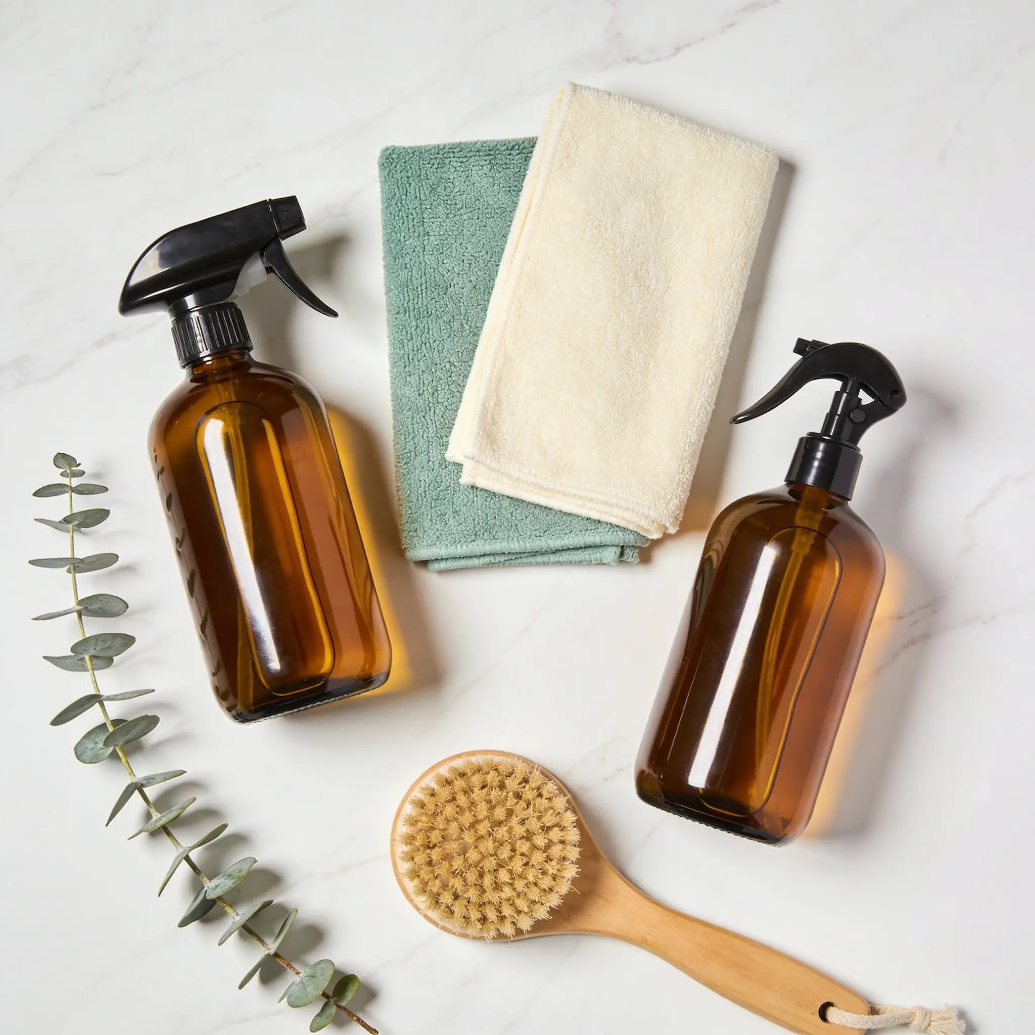 Eco-friendly cleaning supplies arranged neatly on a marble surface with eucalyptus.