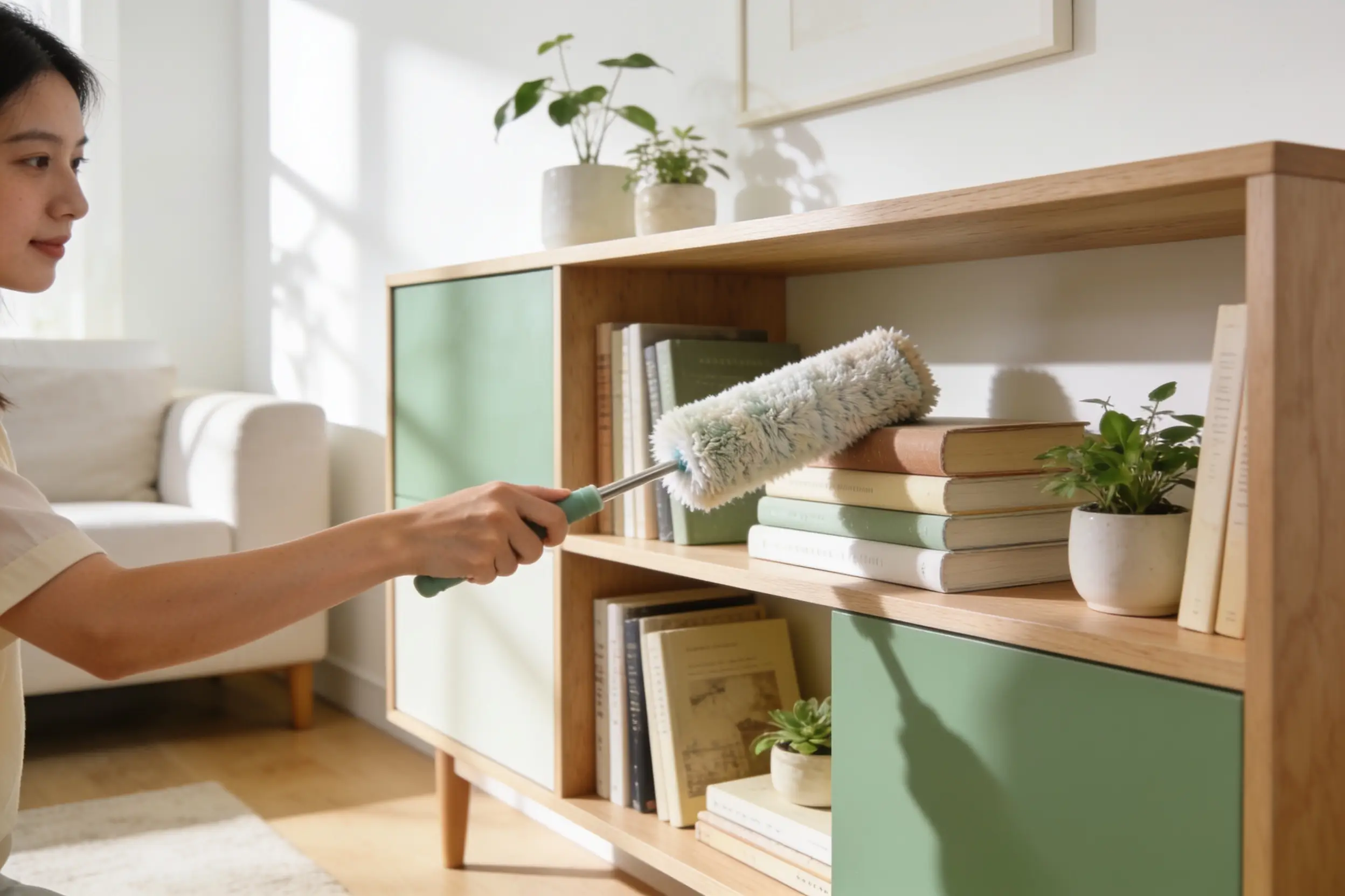 Dusting a styled bookshelf with a microfiber duster.
