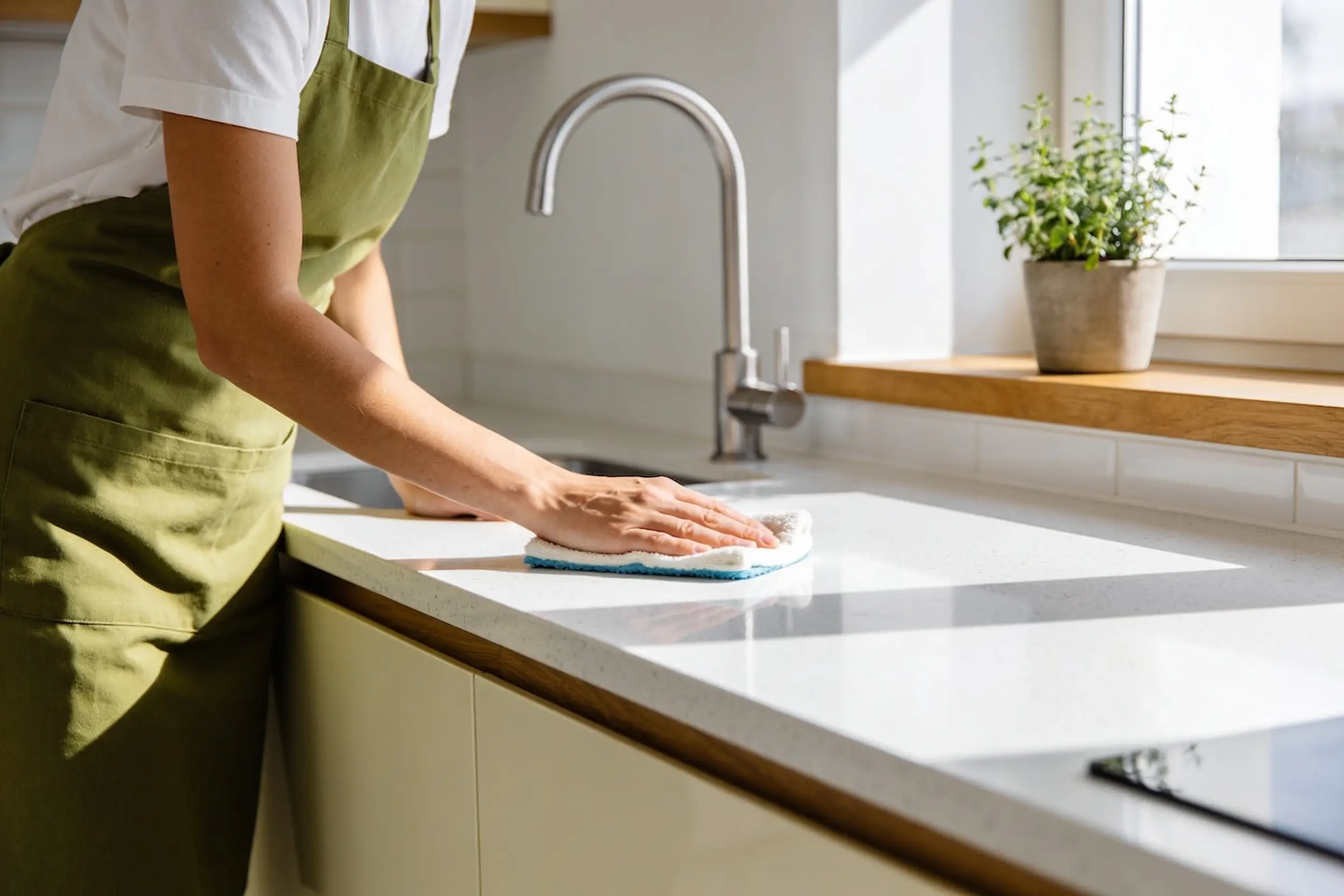A cleaner in a sage-green apron wiping a kitchen countertop until it gleams.