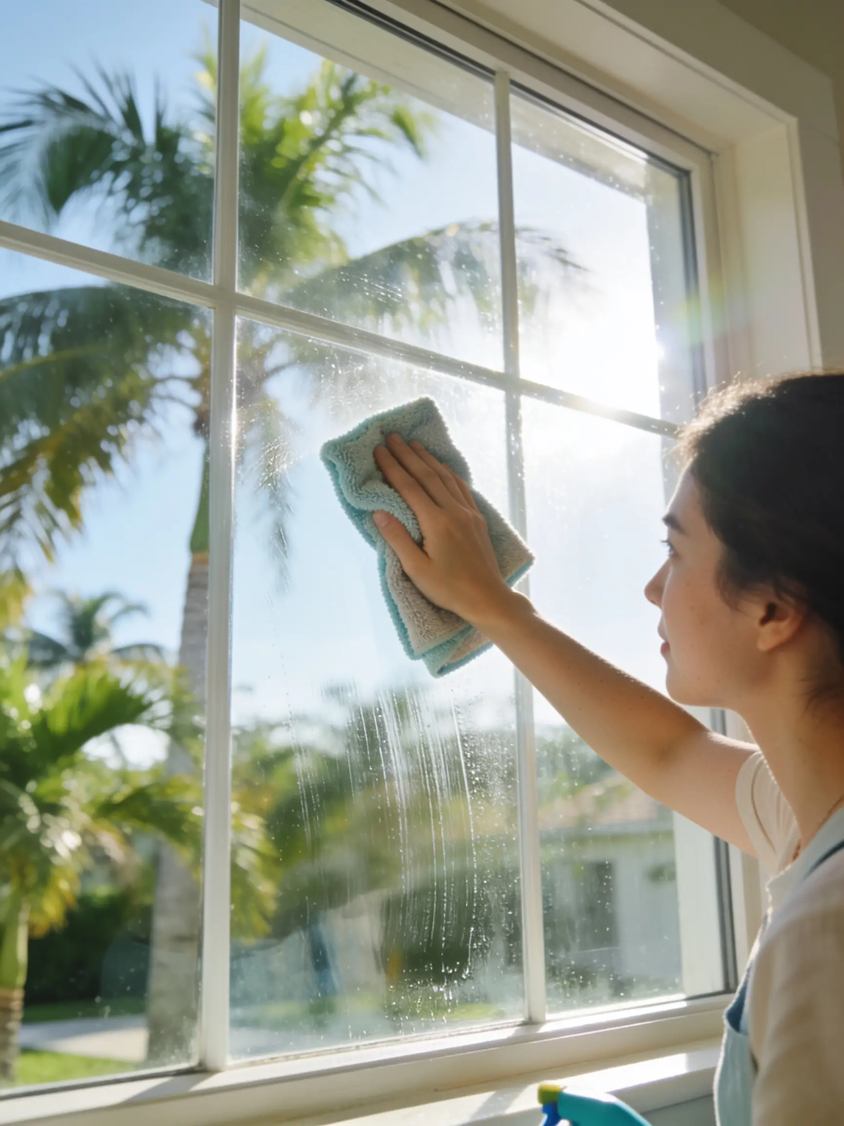 Wiping a large window to a streak-free shine with sunlight pouring in.
