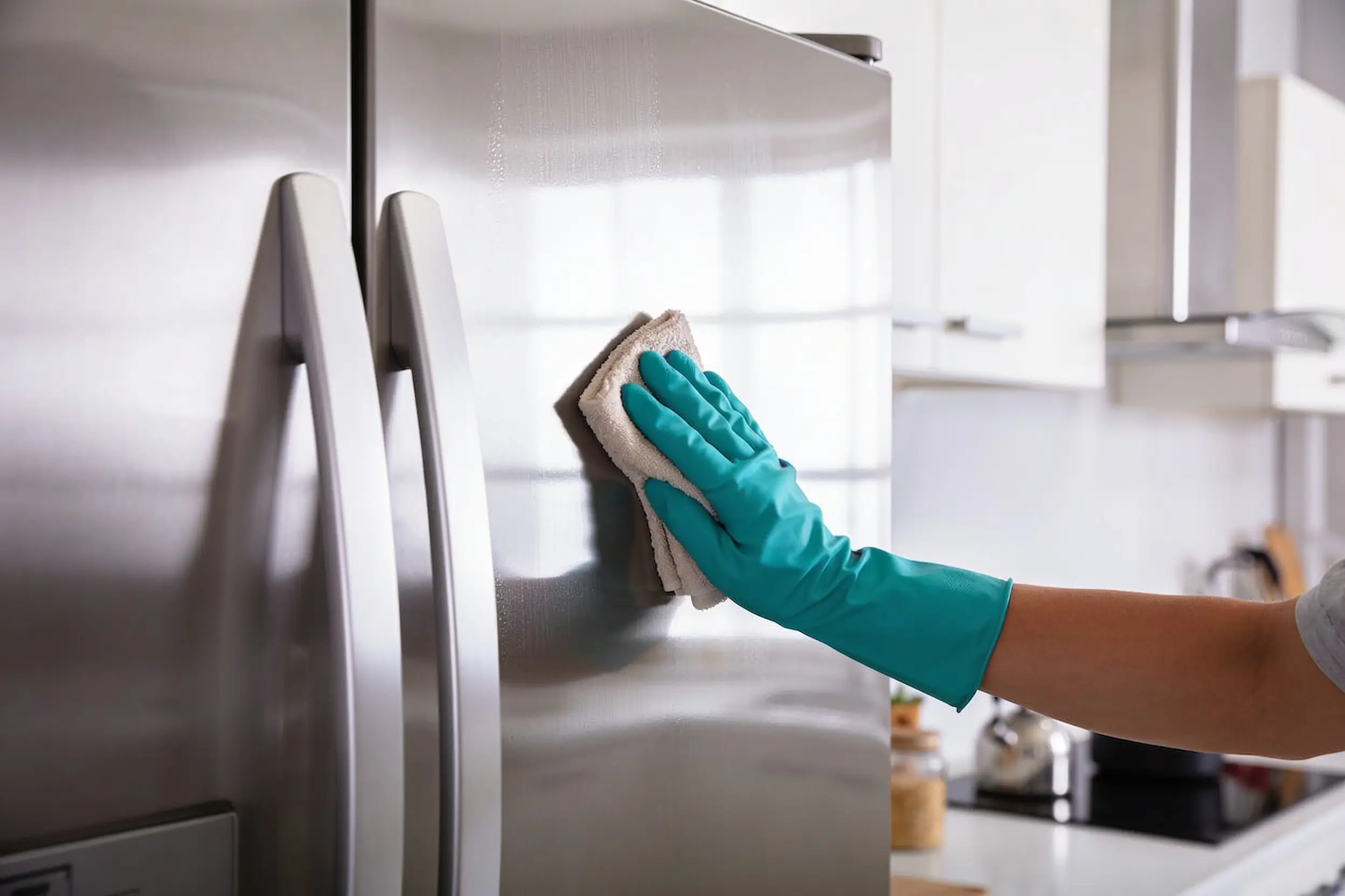 Polishing a stainless steel refrigerator to a smudge-free shine.