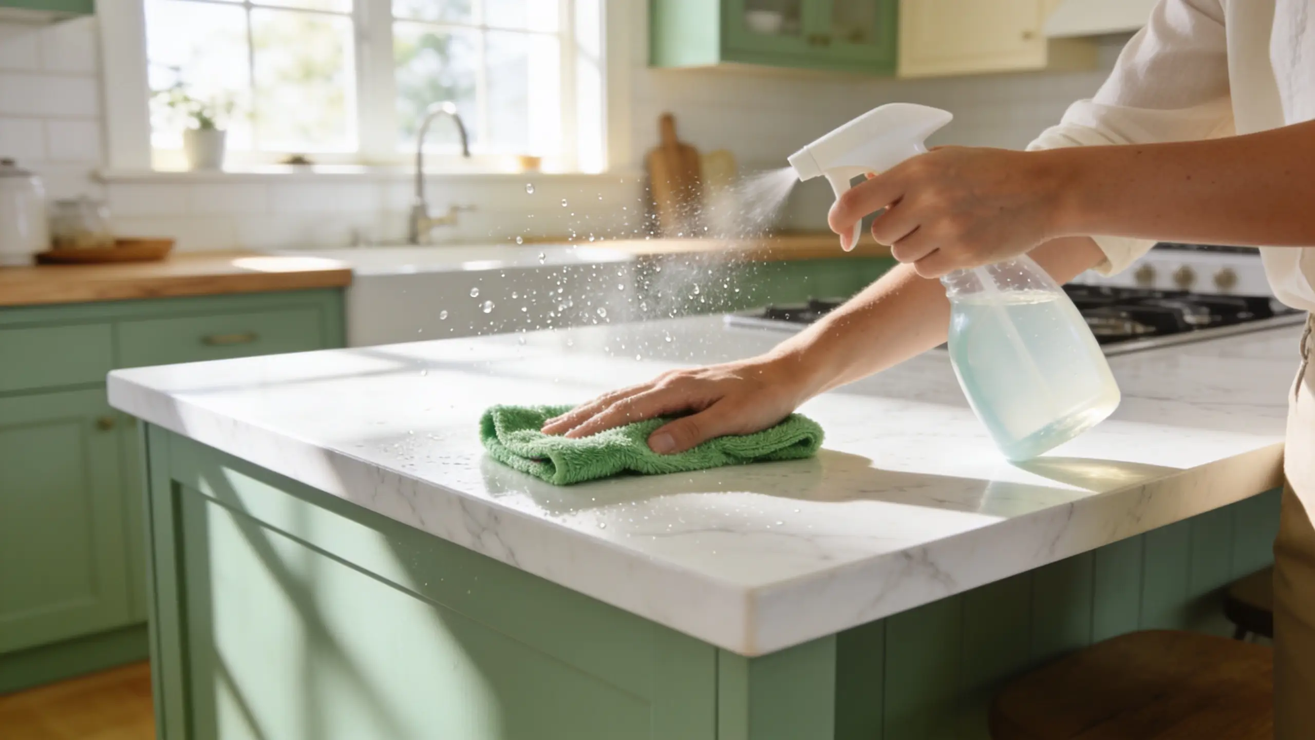 A cleaner sprays and wipes a marble kitchen island, mist catching the sunlight.