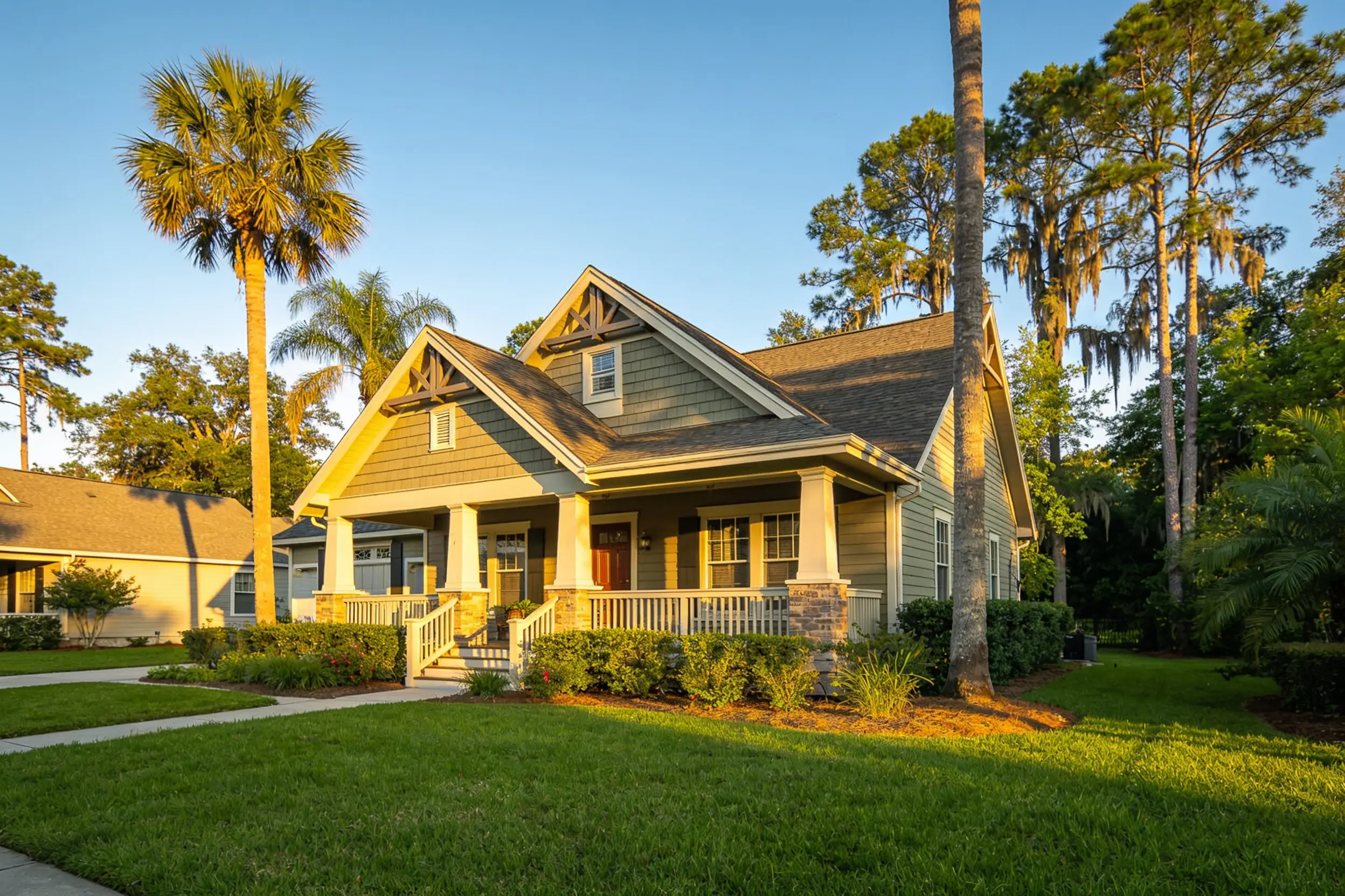A charming craftsman home with palm trees in a leafy Central Florida neighborhood.