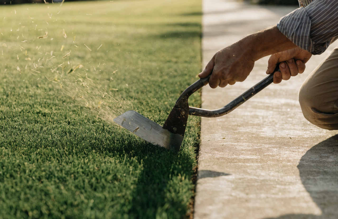 A steel edger cutting a crisp clean edge between a green lawn and a concrete walkway.