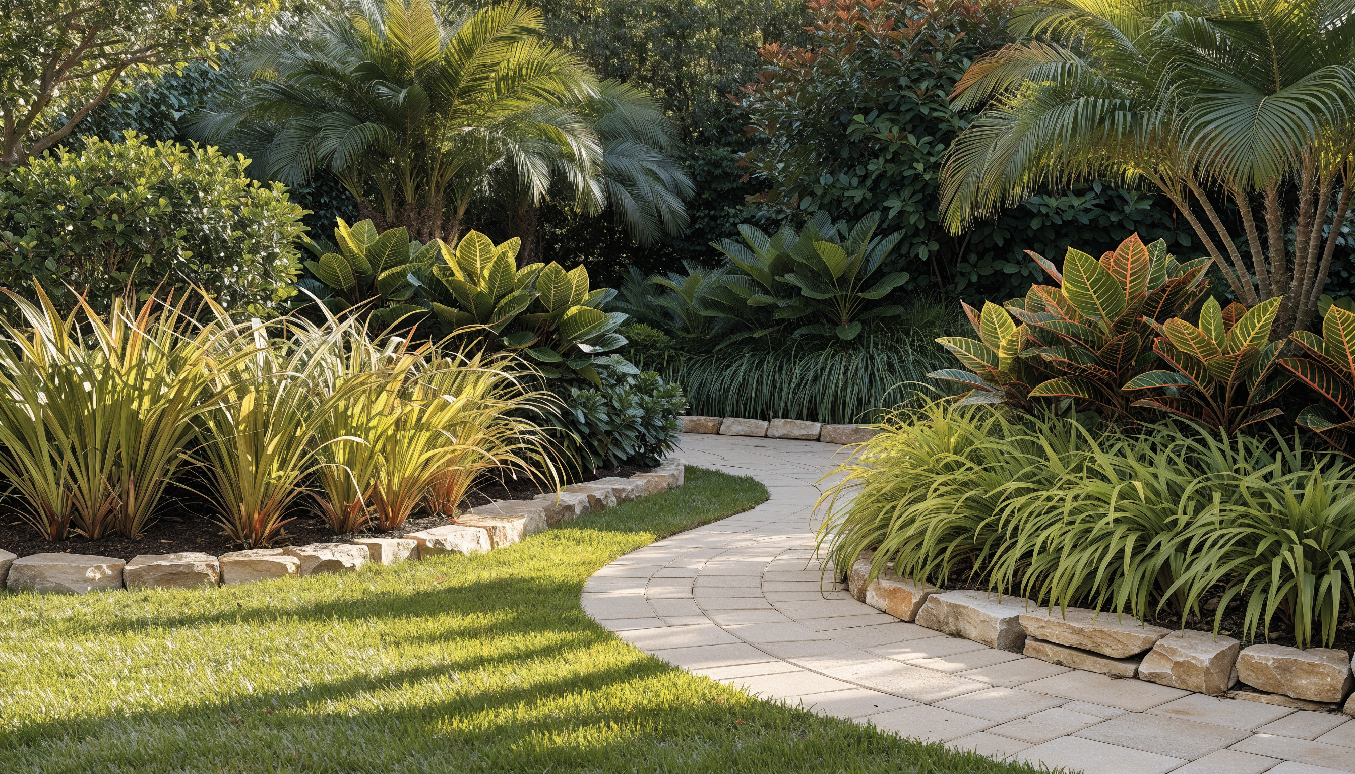 A newly designed Florida front yard with layered planting beds, dwarf palms and clean stone edging.