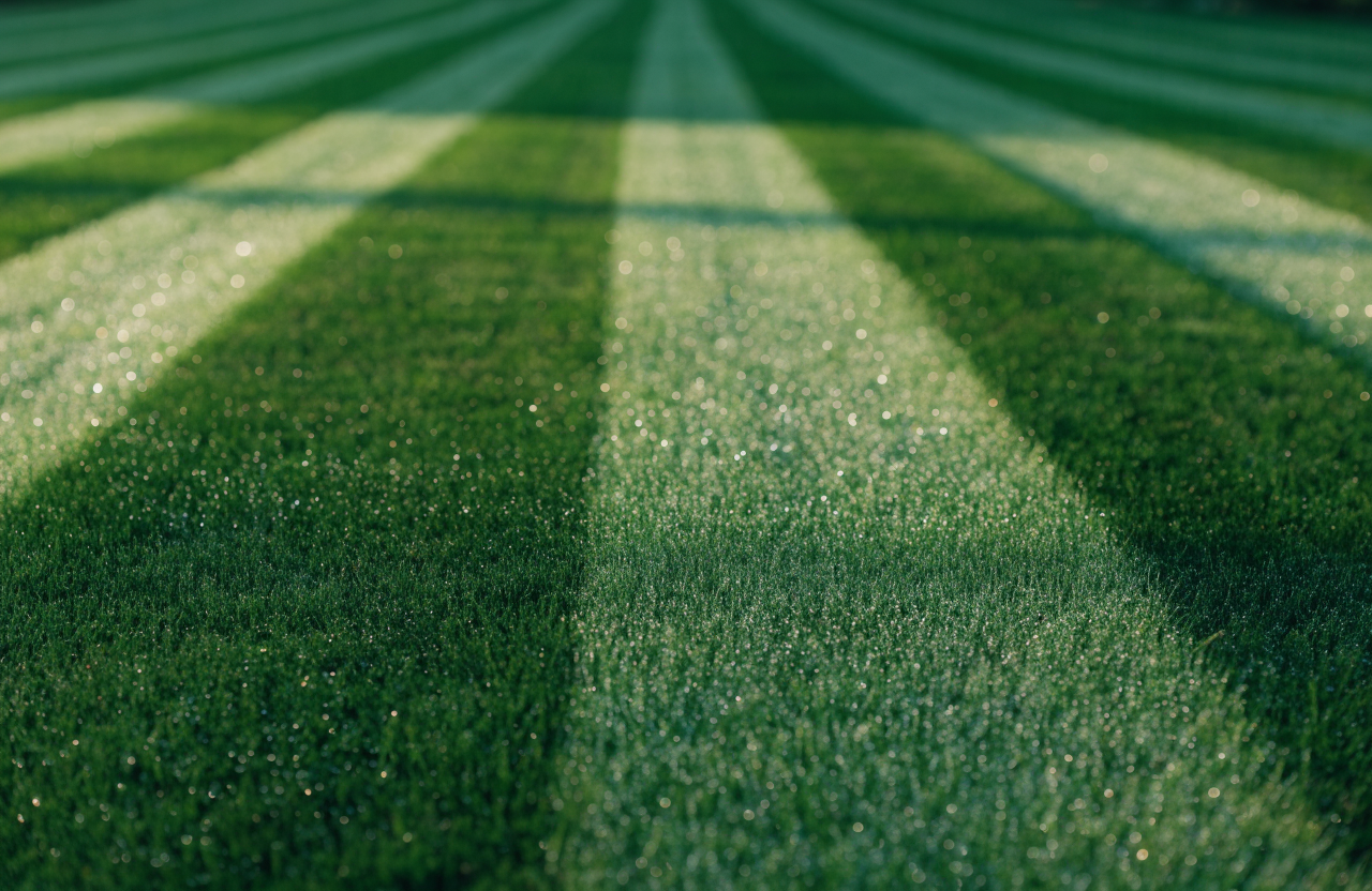 Macro of perfectly straight alternating mowing stripes with dew catching morning light.