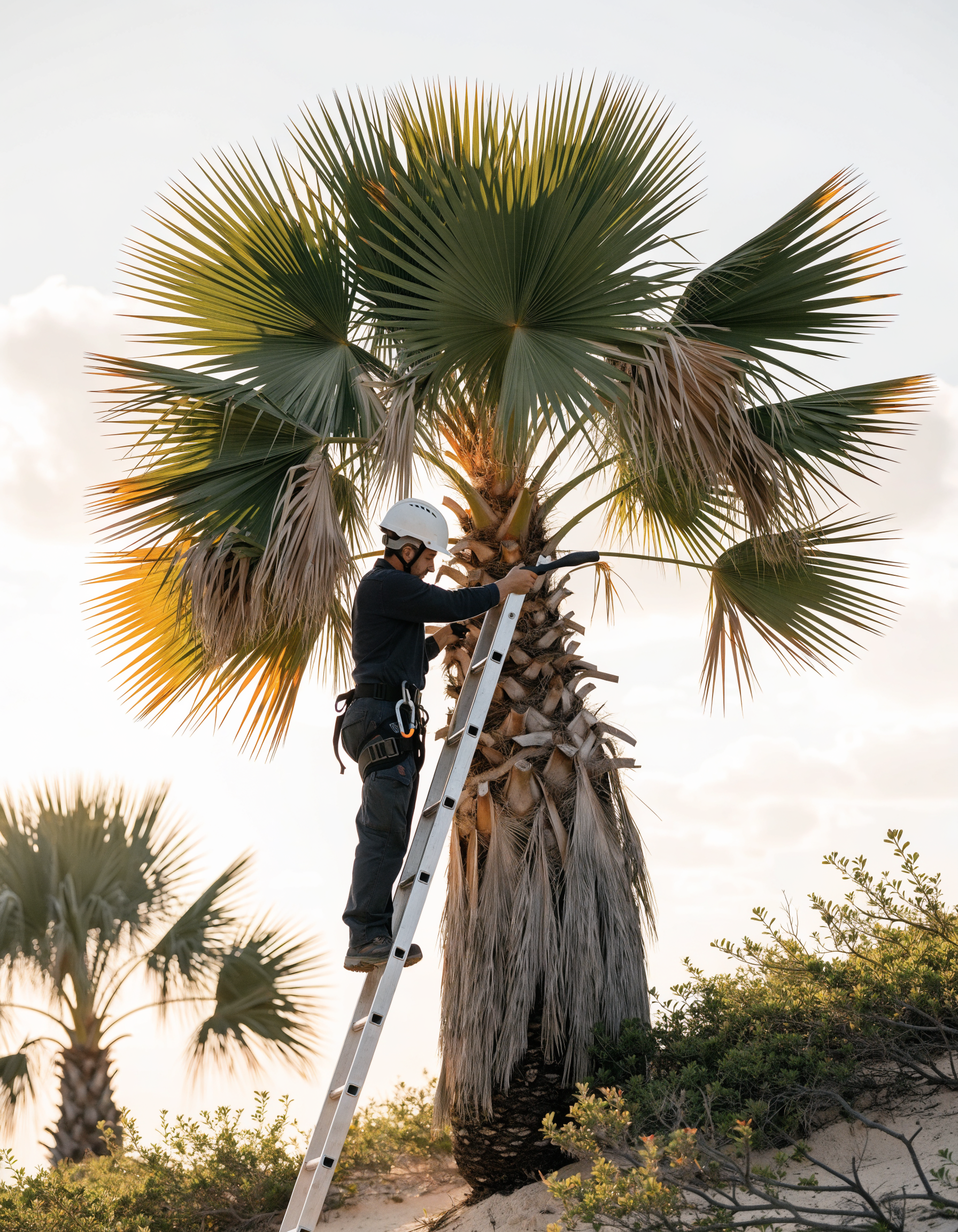 An arborist on a ladder trimming the lower fronds of a tall sabal palm against a warm morning sky.