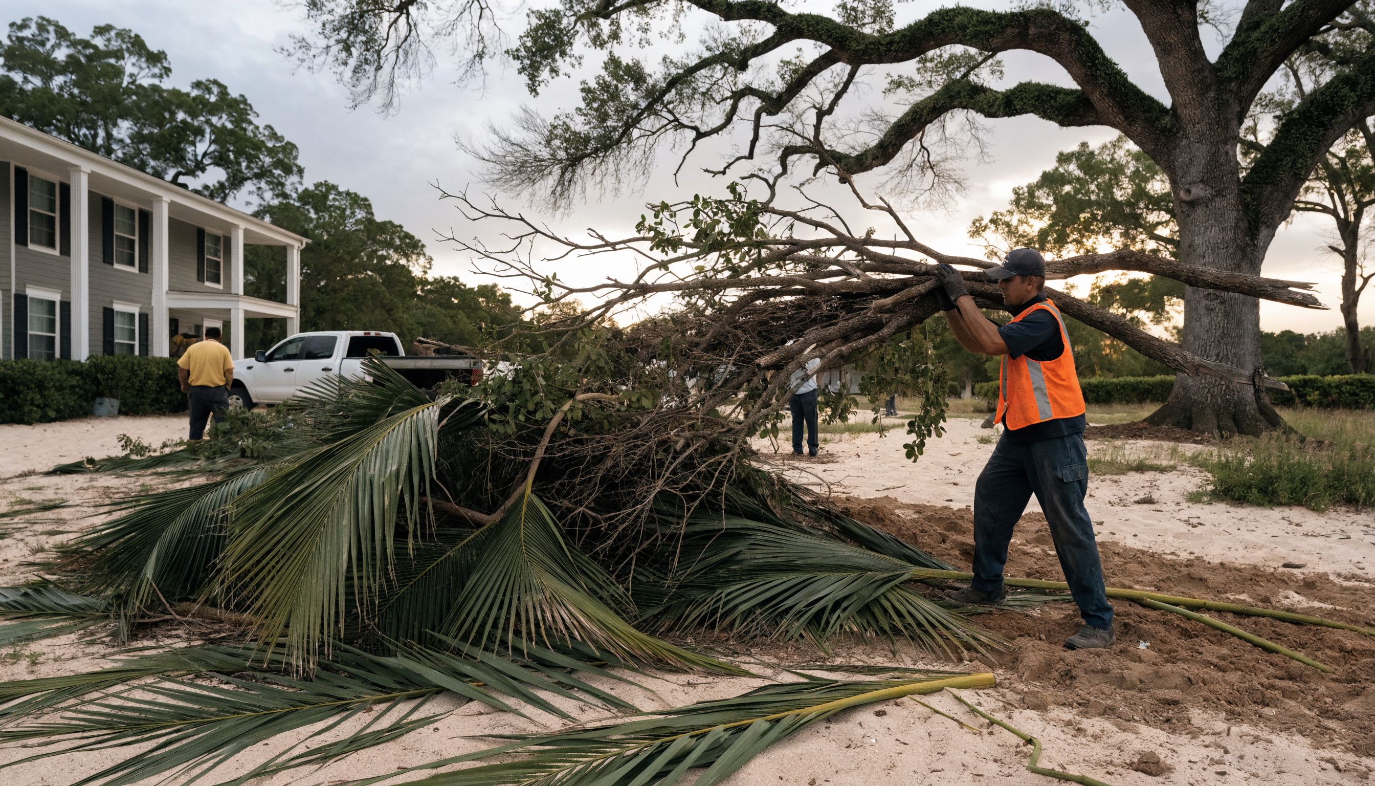 A crew clearing fallen palm fronds and oak branches from a Florida yard after a storm.