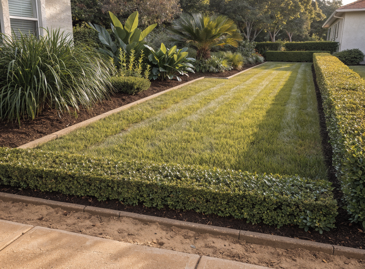 The same Florida front yard after renovation with a lush striped lawn, trimmed shrubs and fresh mulch.