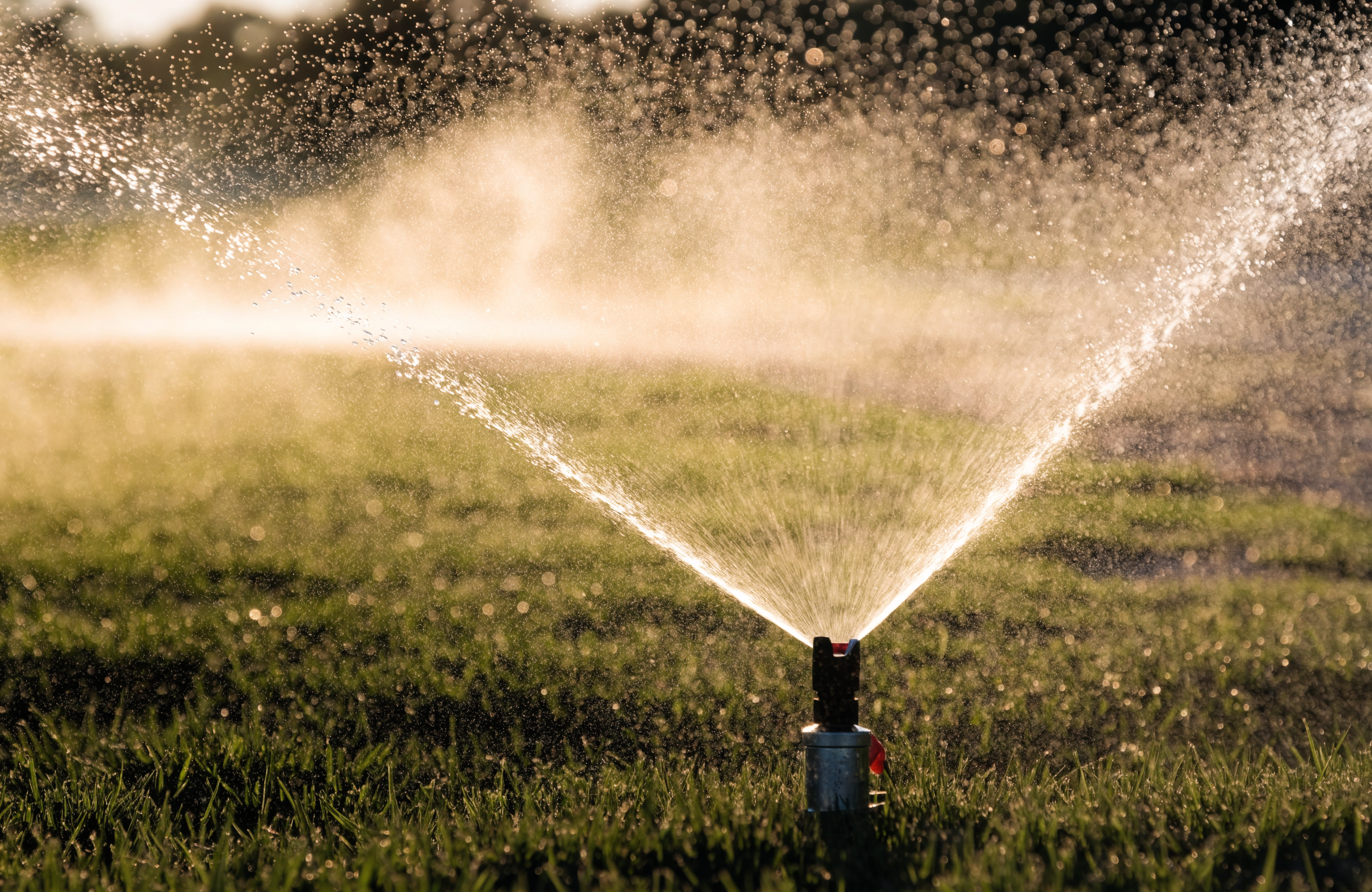 A sprinkler head spraying a fan of water over a green lawn, backlit gold by morning sun.