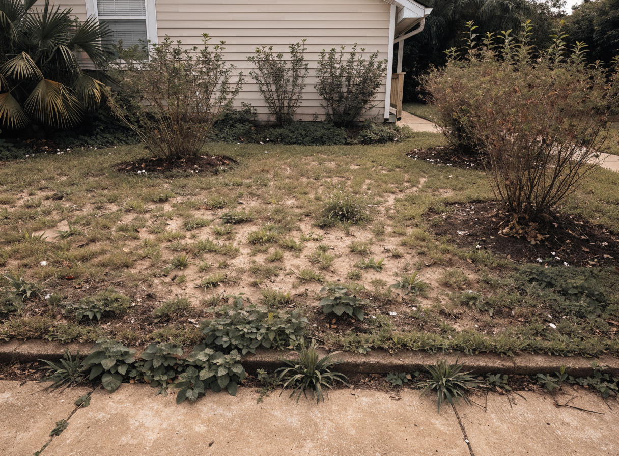 An overgrown, weedy Florida front yard with patchy grass before landscaping.