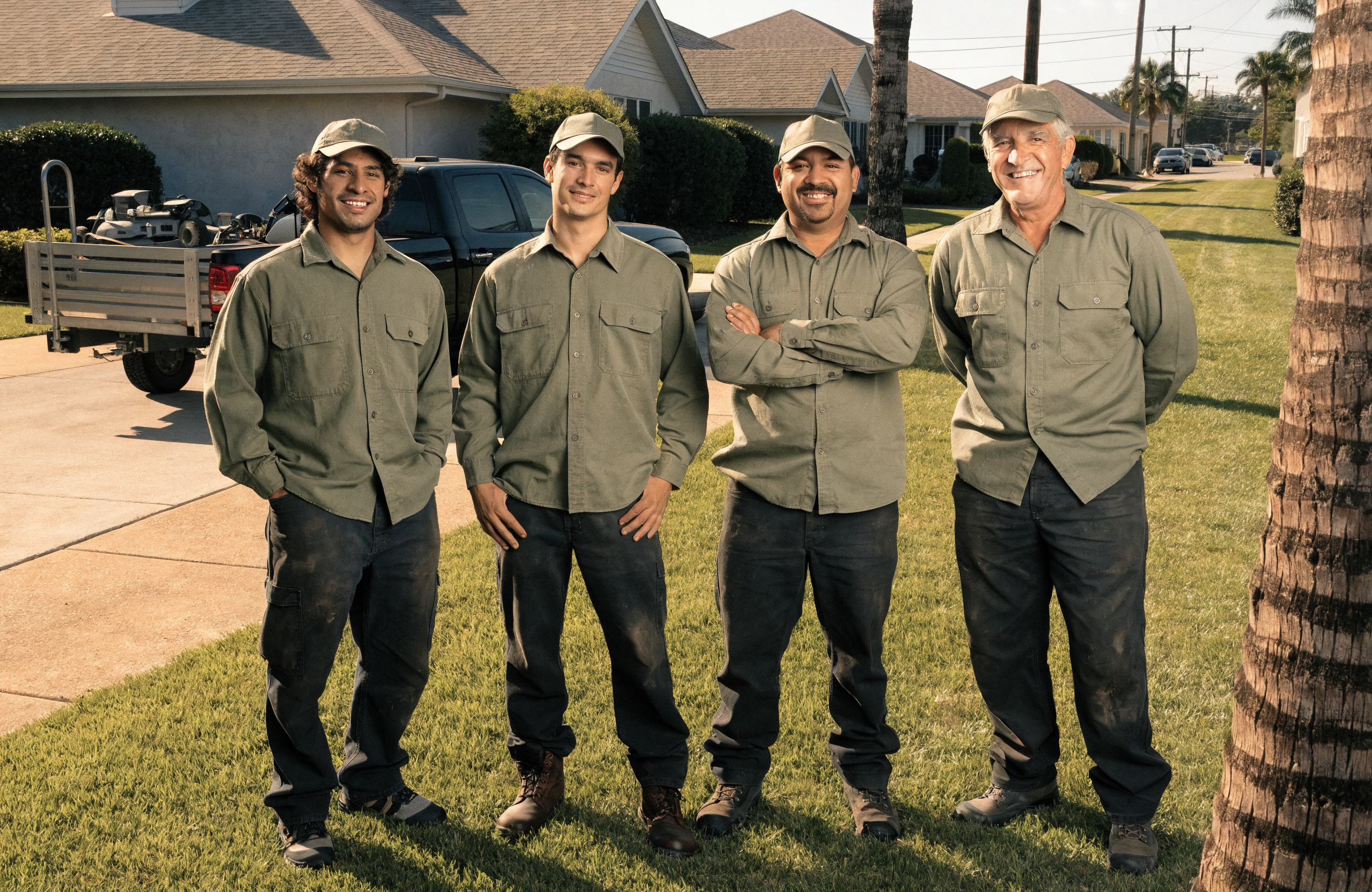 The Sandhill Lawn and Landscape crew of four in matching olive-green shirts in front of their truck and trailer.